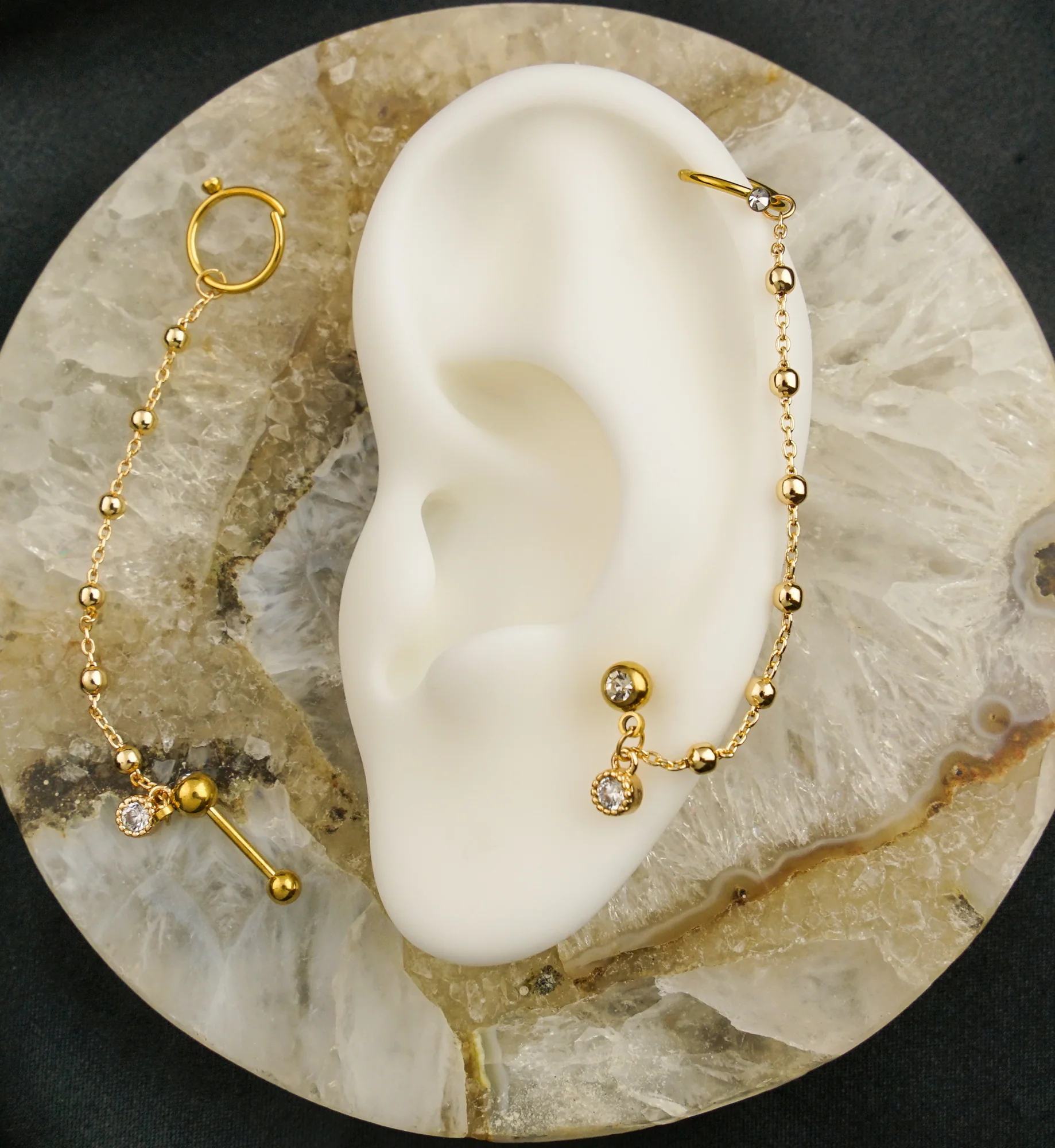 Gold PVD Hoop/Barbell Clear CZ Stainless Steel Ball Piercing Chain - Image 2