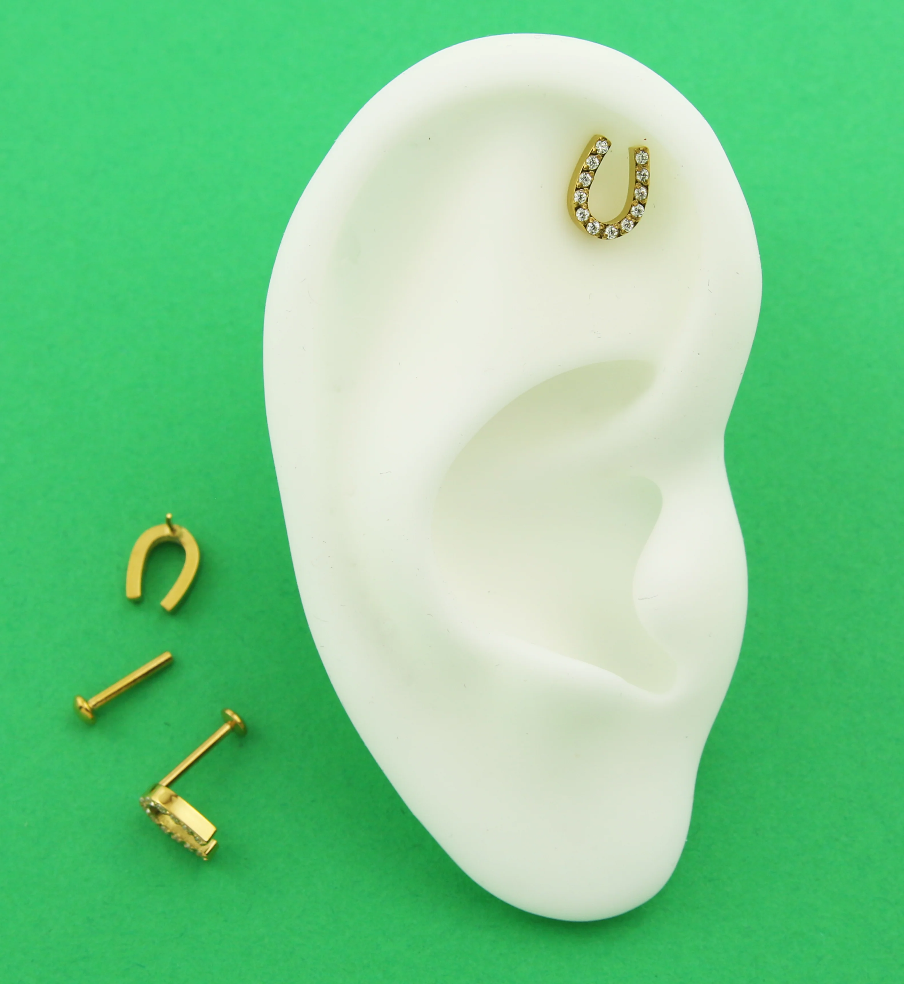 Gold PVD Horseshoe Clear CZ Convex Back Titanium Threadless Labret - Image 2
