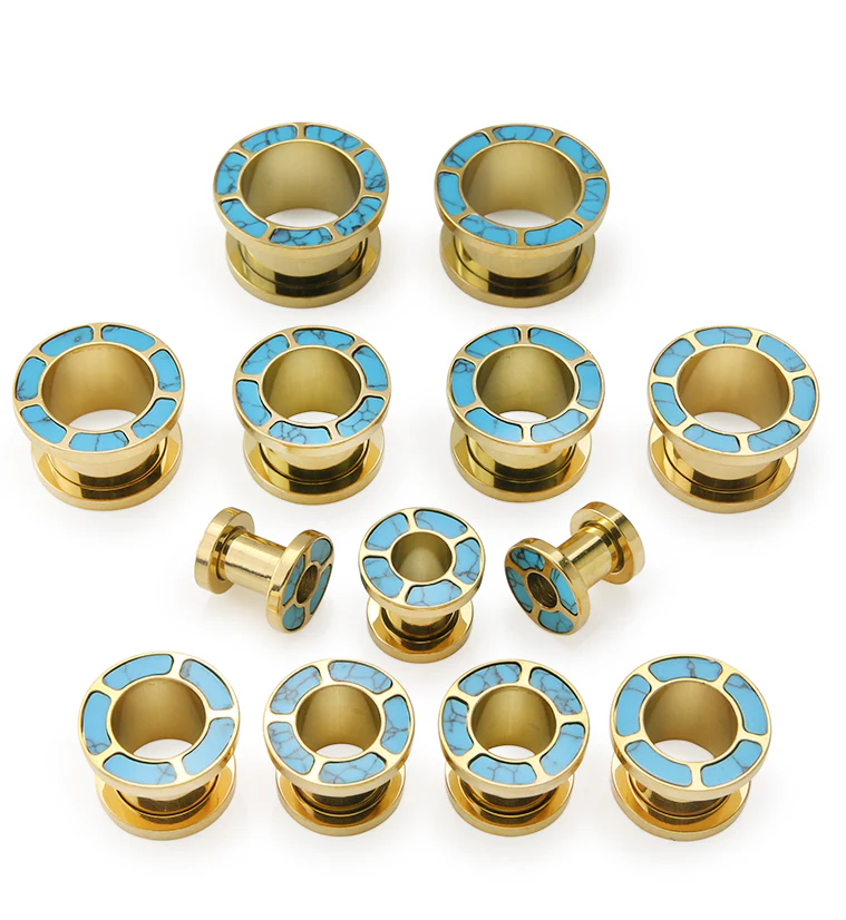 Gold PVD Howlite Turquoise Rim Stainless Steel Tunnel Plugs - Image 3