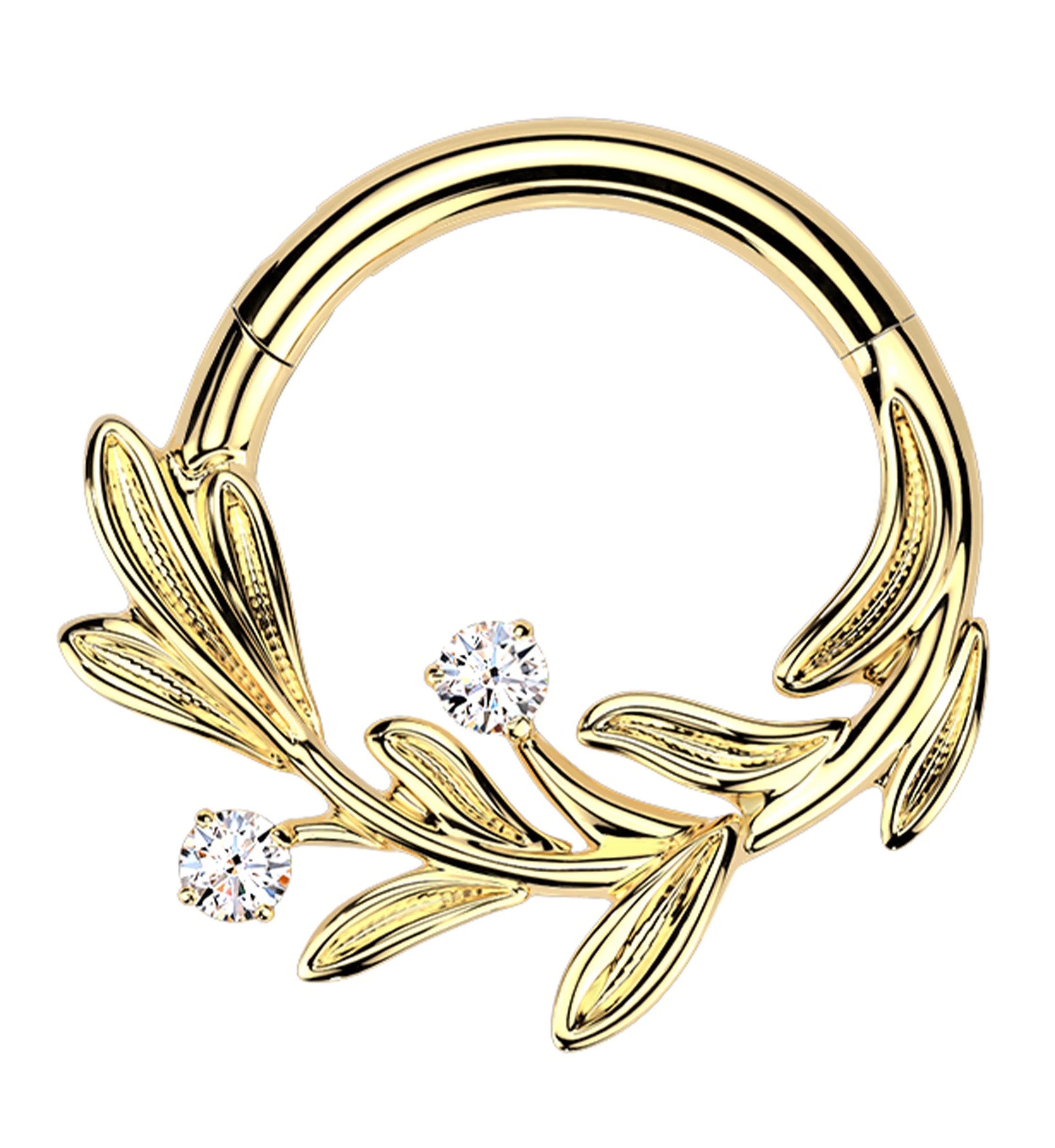 Gold PVD Laurel Olive Leaf Clear CZ Titanium Hinged Segment Ring