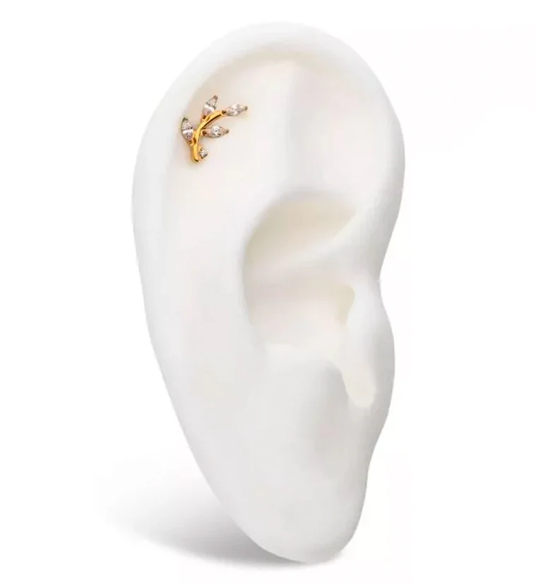 Gold PVD Leaf Clear CZ Internally Threaded Titanium Top - Image 3