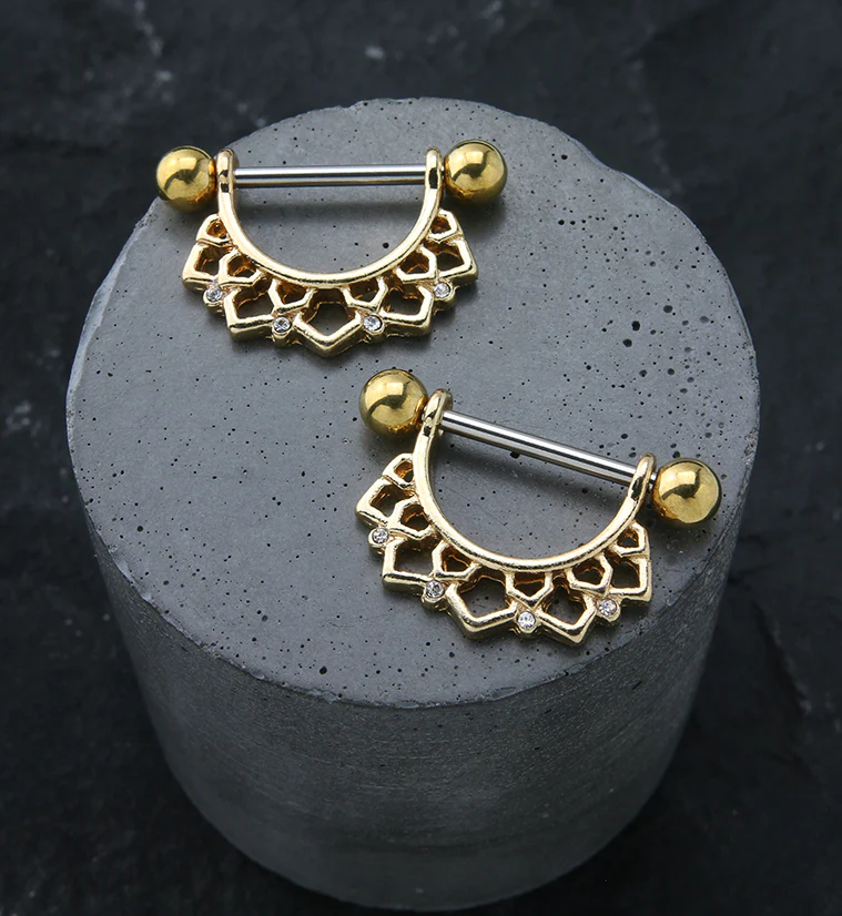 Gold PVD Lotus Flower Clear CZ Row Nipple Ring Barbell - Image 2