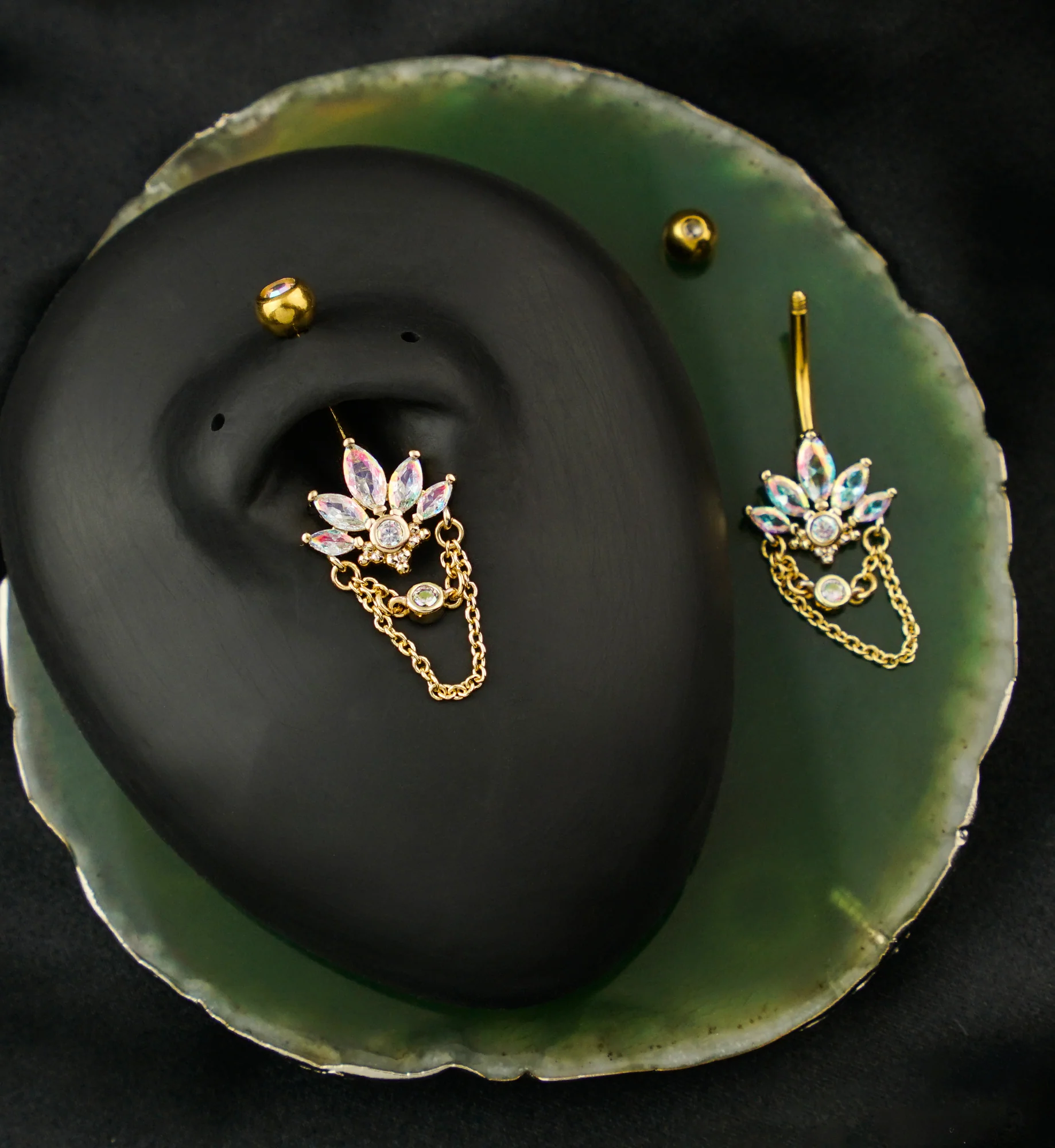Gold PVD Marquise Lotus Rainbow Aurora CZ Dangle Chain Stainless Steel Belly Button Ring - Image 2