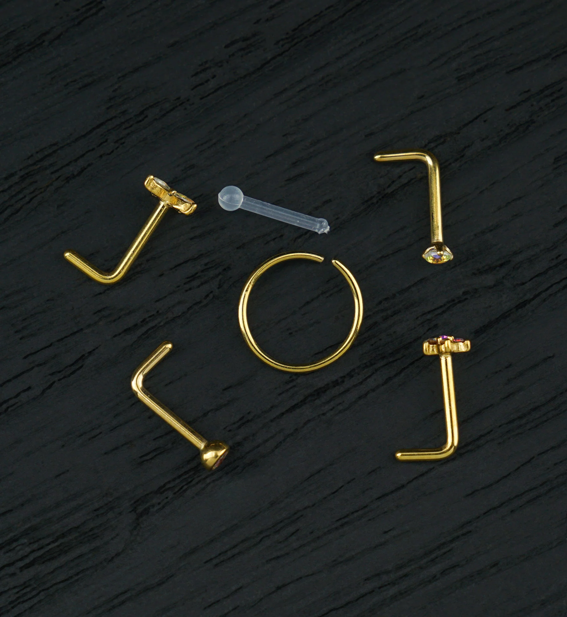 Gold PVD Meadow Rainbow Aurora CZ Stainless Steel L Bend/Stud/Hoop Nose Ring Pack (6 Pc)