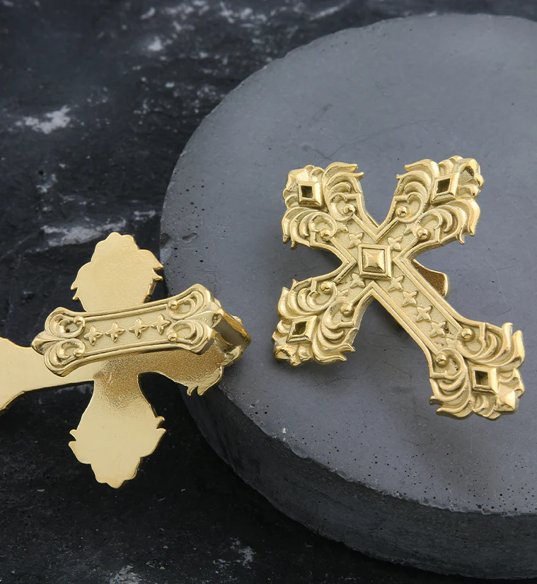 Gold PVD Ornate Cross Stainless Steel Ear Weights - Image 2