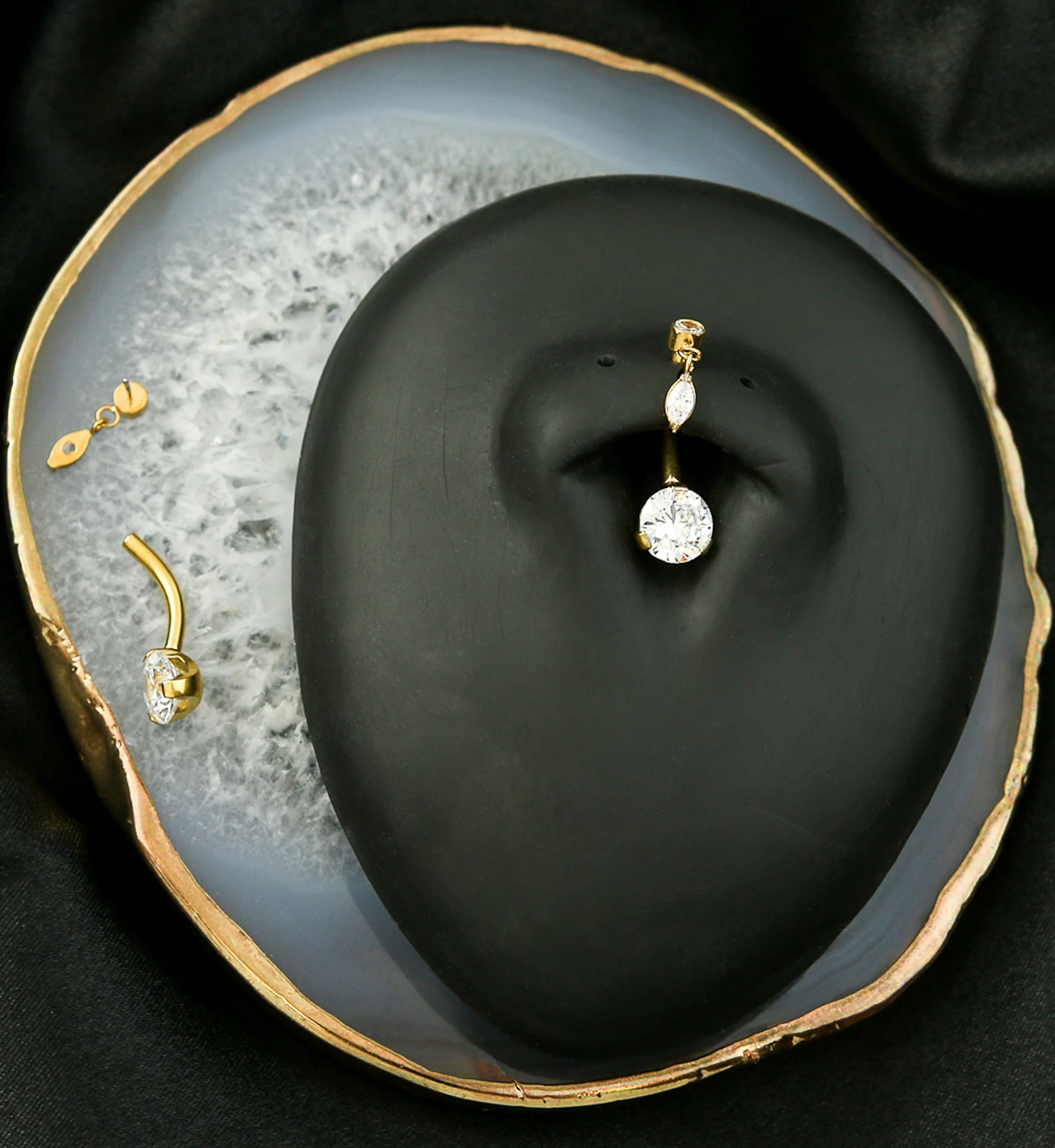 Gold PVD Oval Dangle Clear CZ Titanium Threadless Belly Button Ring - Image 2