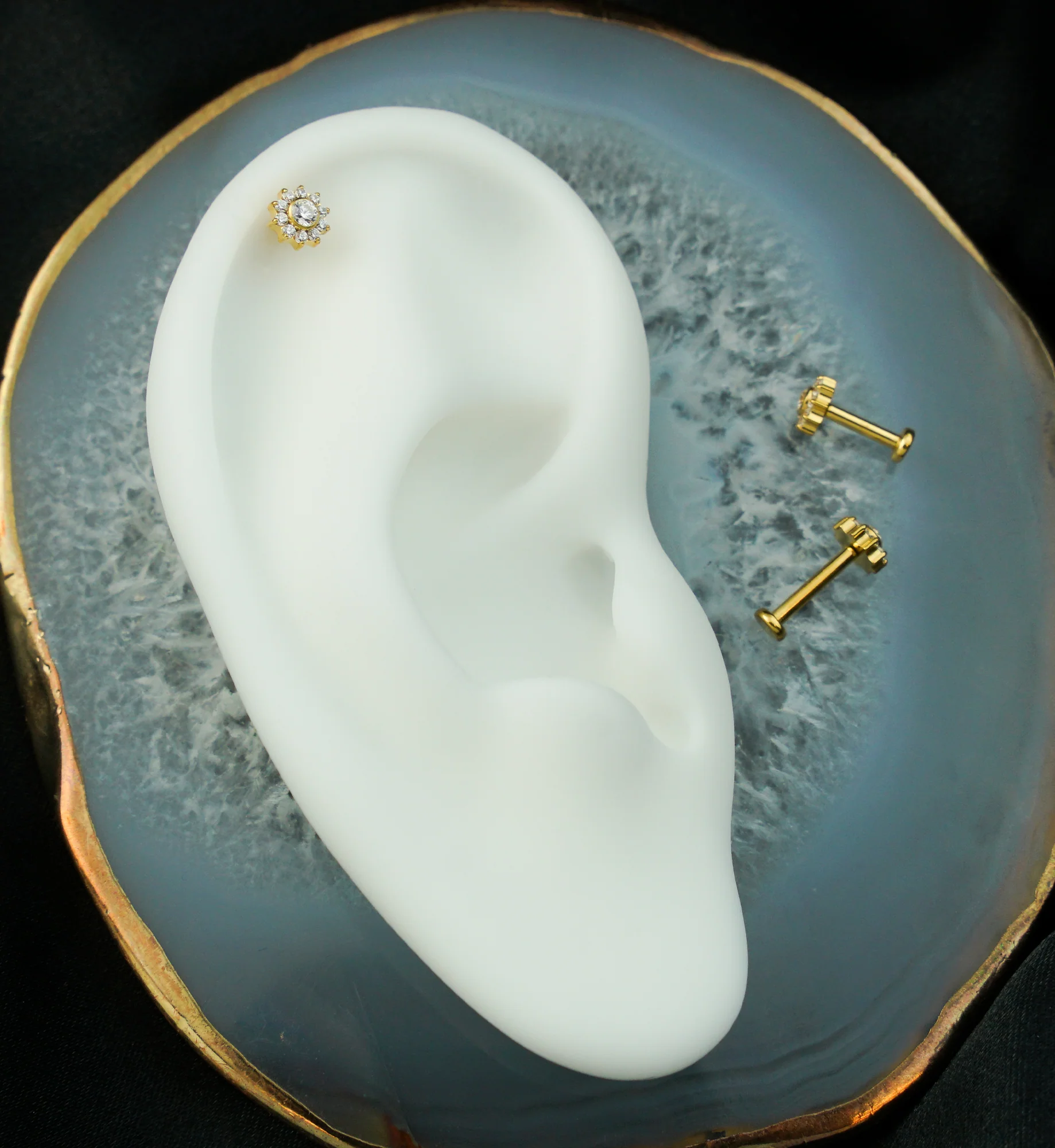 Gold PVD Pave Flower Clear CZ Internally Threaded Titanium Labret - Image 2