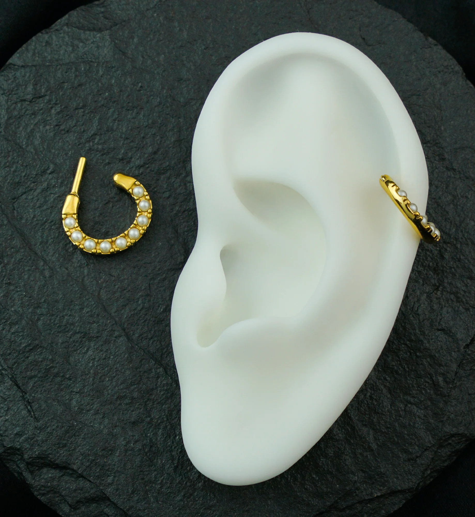 Gold PVD Pearl HInged Segment Hoop Ring - Image 3