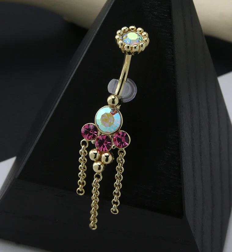 Gold PVD Pink and Rainbow Aurora CZ Array Dangle Chain Belly Button Ring - Image 2