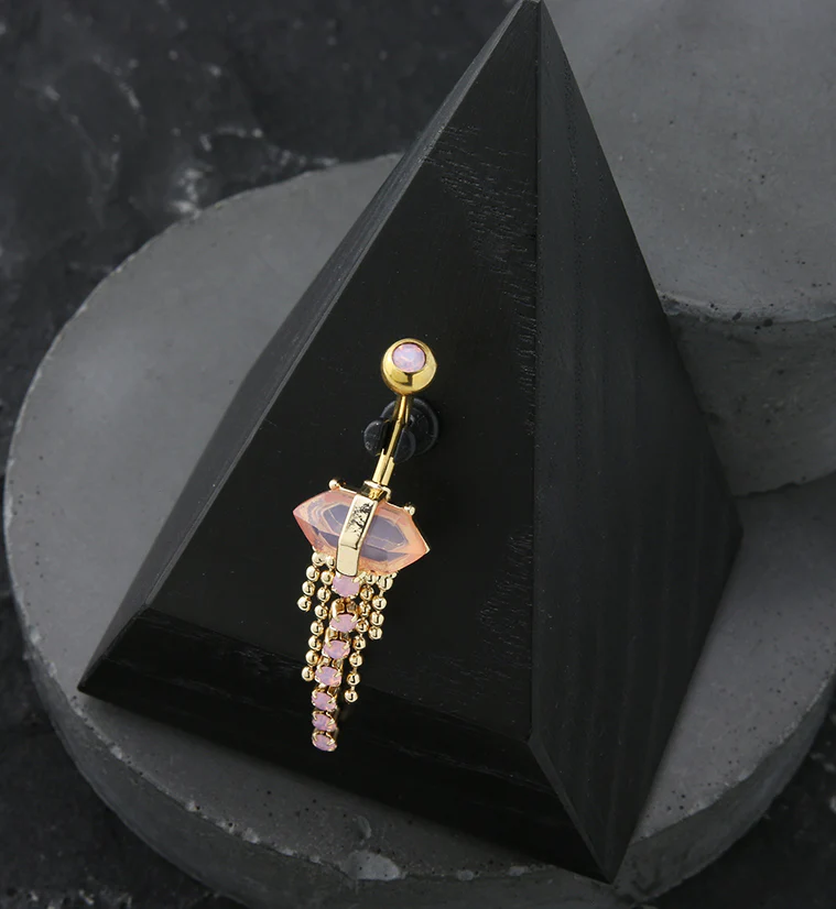 Gold PVD Pink Crystal Bead Chain Stainless Steel Belly Button Ring - Image 2