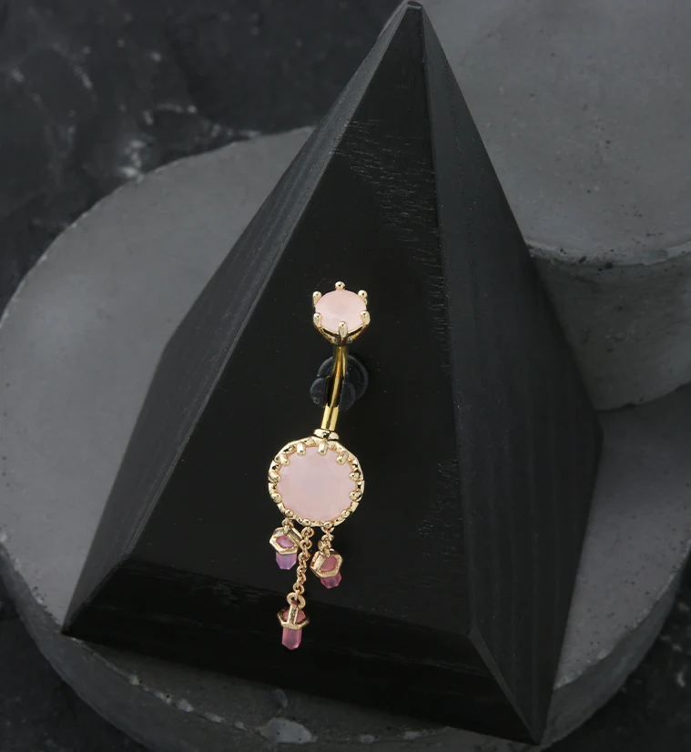 Gold PVD Pink Crystal Dangle Stainless Steel Belly Button Ring - Image 2
