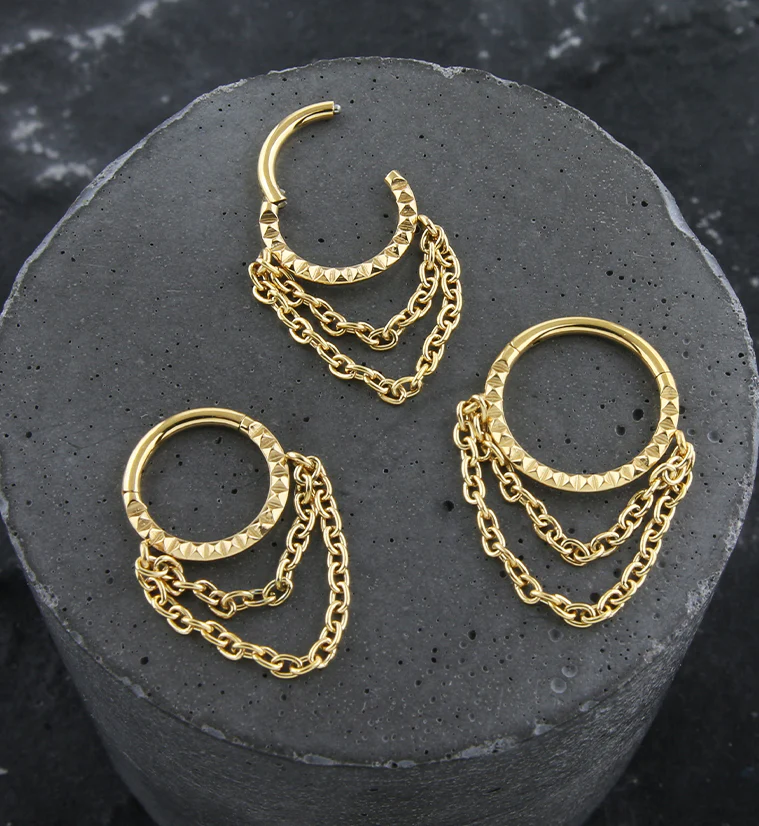Gold PVD Polyhedra Double Dangle Chain Stainless Steel Hinged Segment Ring - Image 2