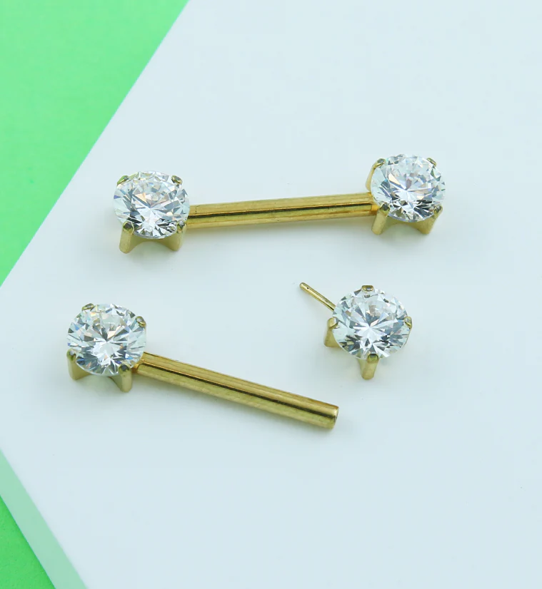 Gold PVD Prong Clear CZ Threadless Titanium Nipple Barbells - Image 2