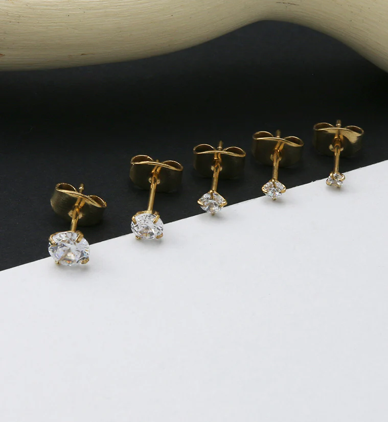 Gold PVD Prong CZ Titanium Earrings - Image 2