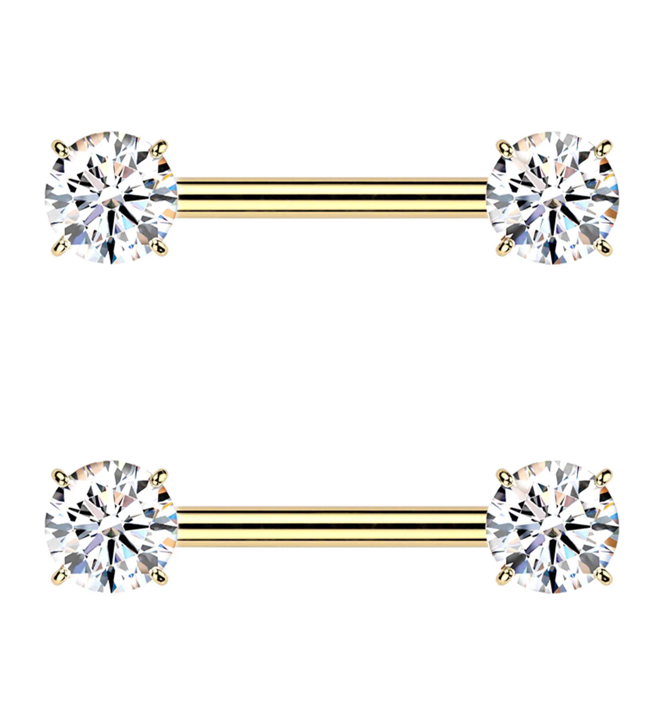 Gold PVD Prong Double Clear CZ Internally Threaded Titanium Nipple Barbell