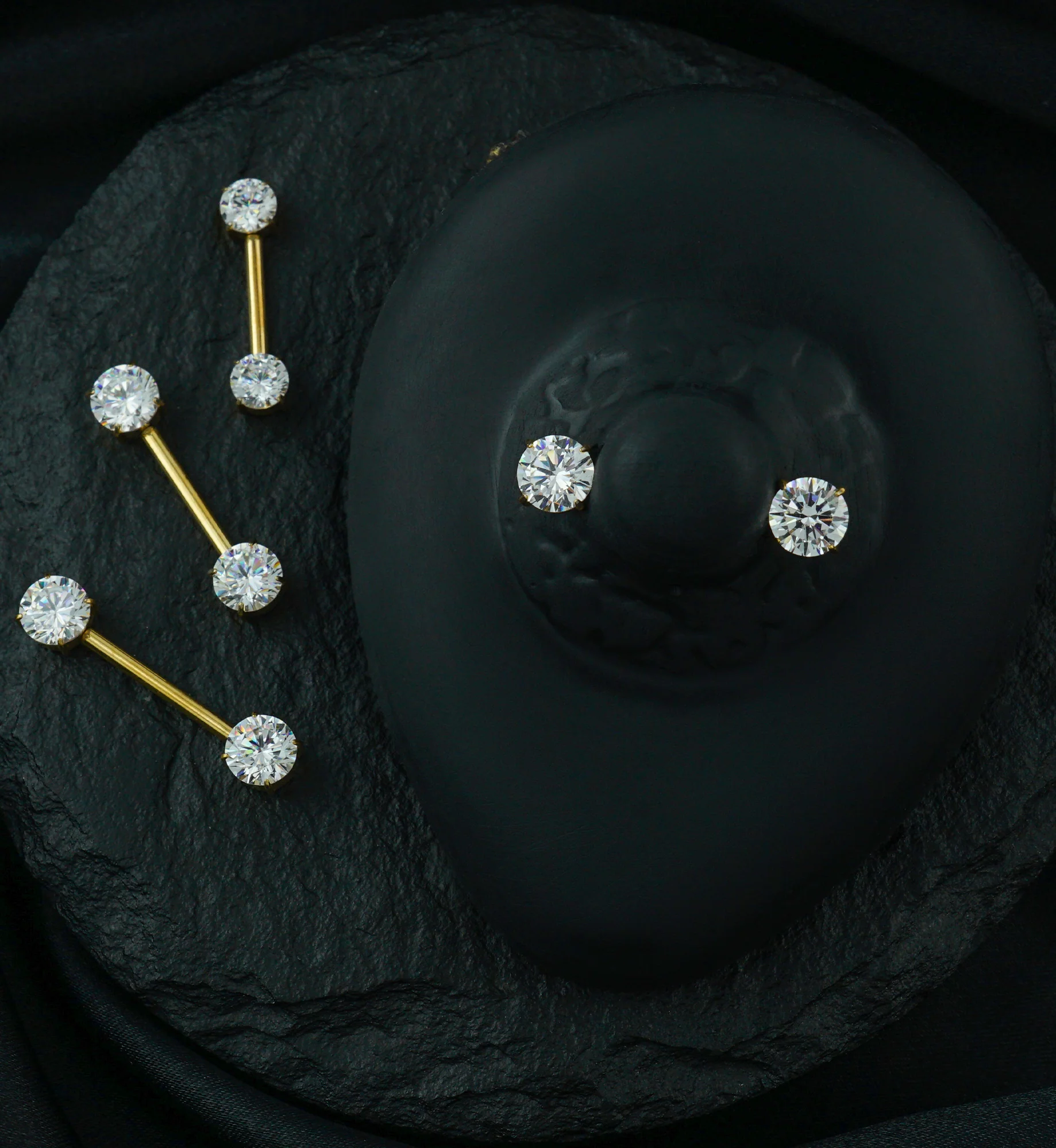 Gold PVD Prong Double Clear CZ Internally Threaded Titanium Nipple Barbell - Image 2