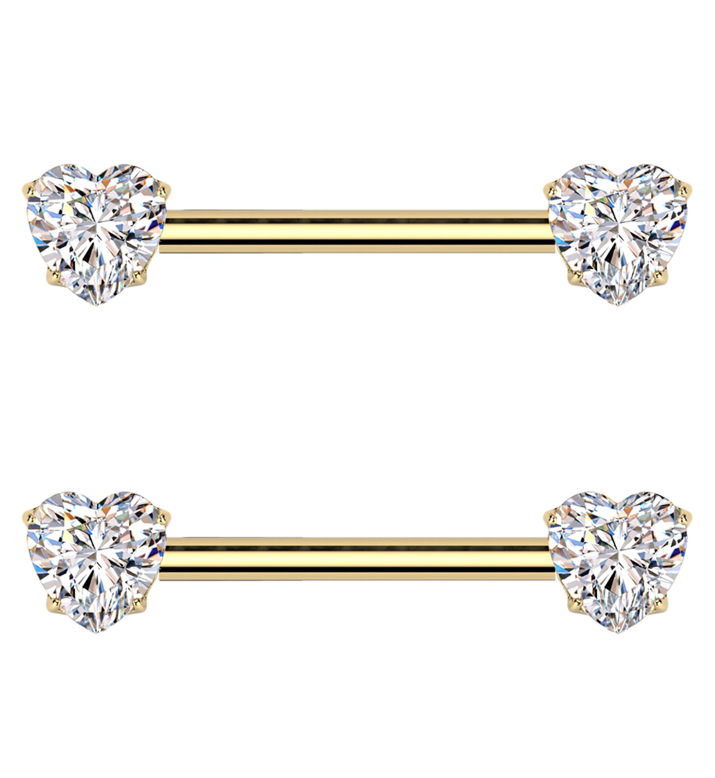Gold PVD Prong Heart Clear CZ Threadless Titanium Nipple Barbell