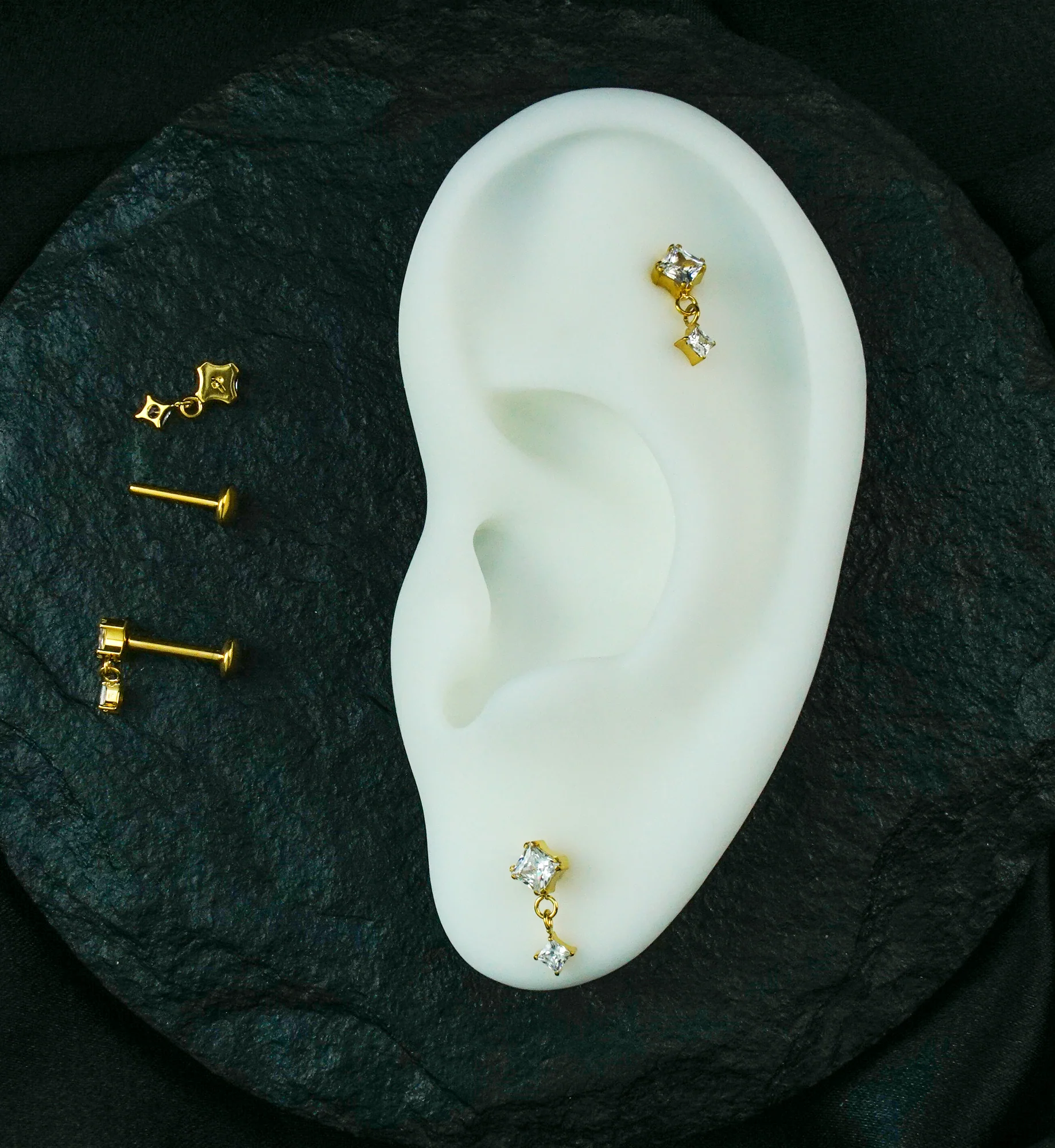 Gold PVD Prong Rhombus Clear CZ Dangle Titanium Convex Disk Labret - Image 2