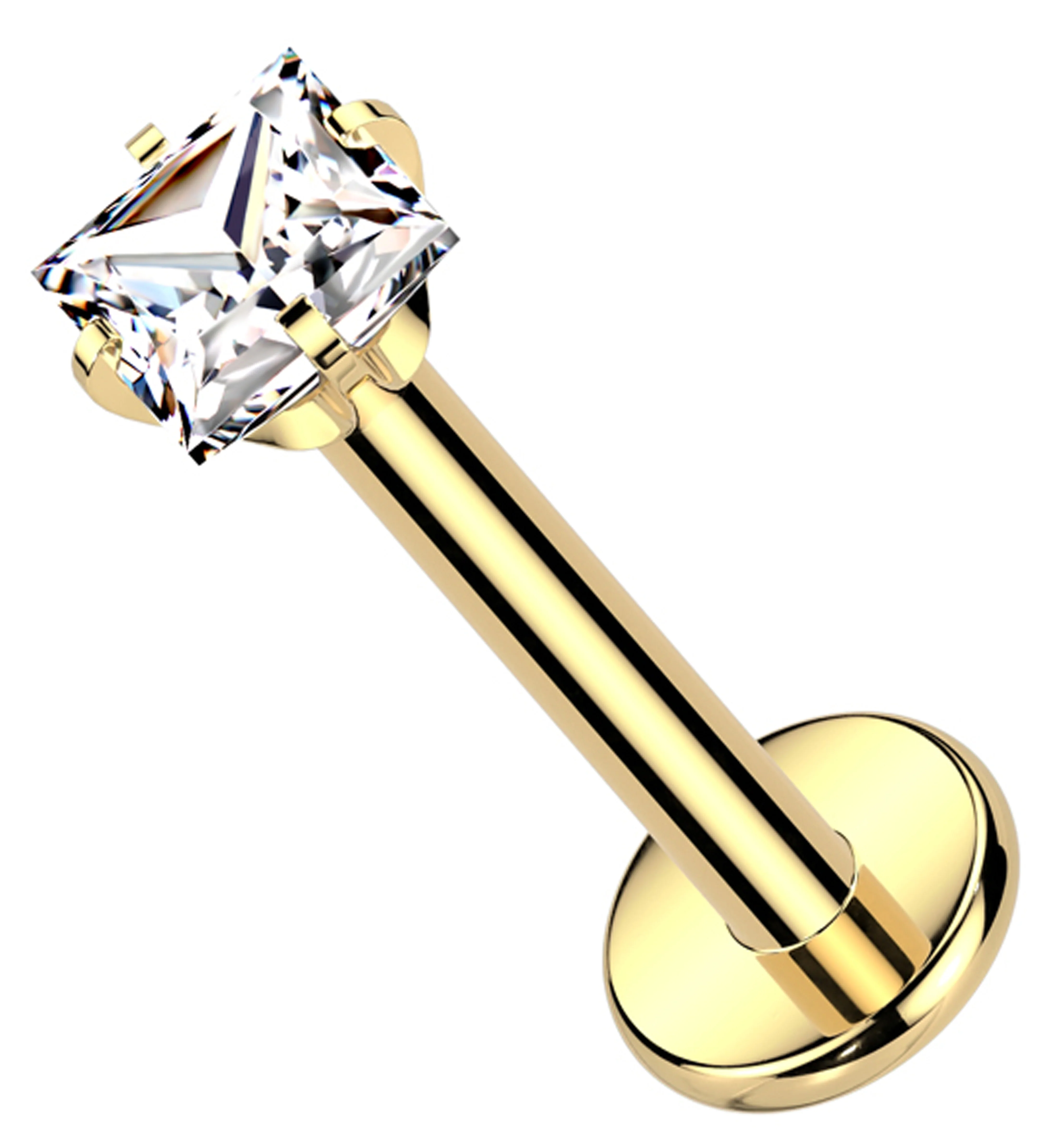 Gold PVD Prong Set Square Clear CZ Internally Threaded Titanium Labret