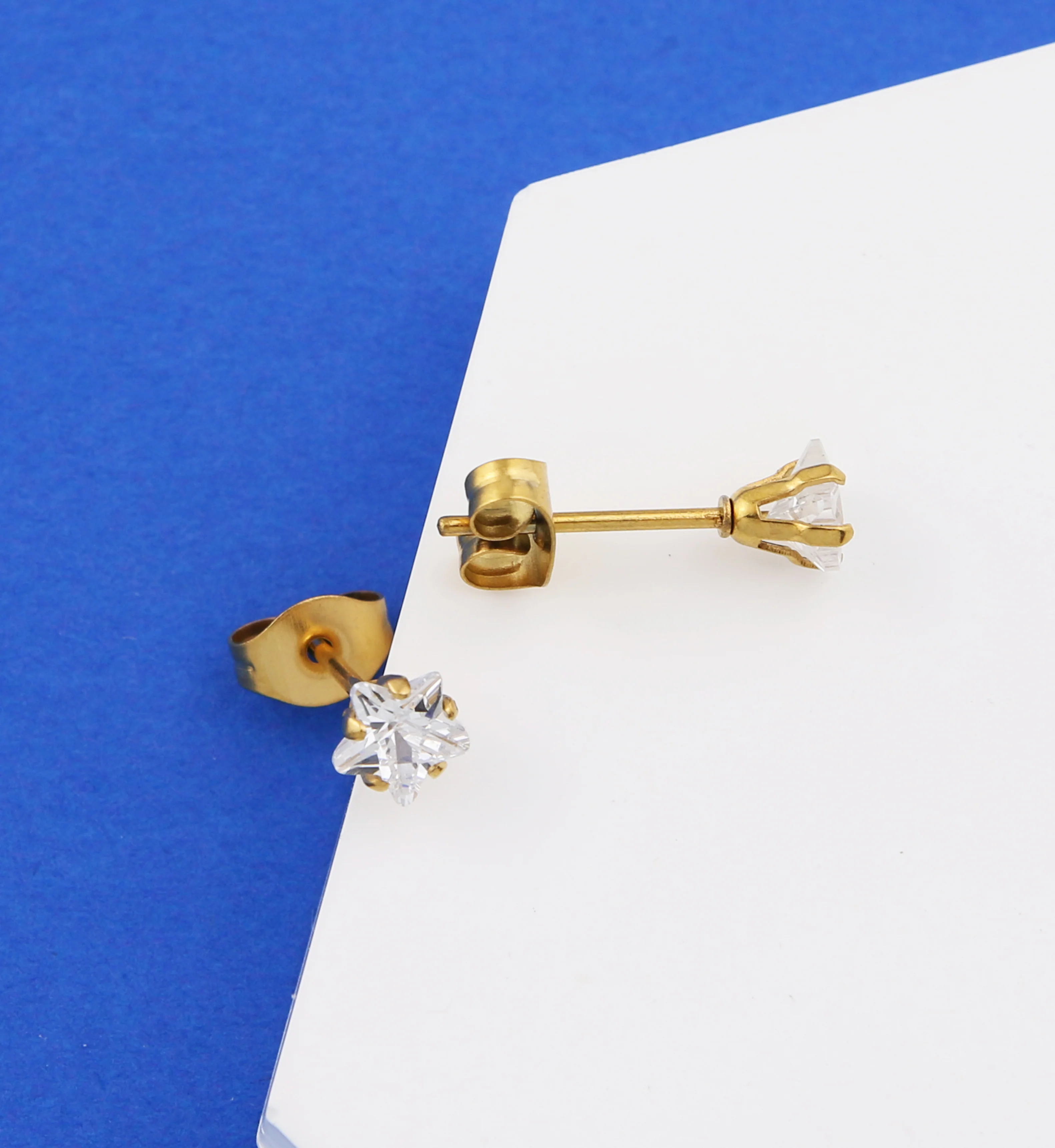 Gold PVD Prong Star Clear CZ Stainless Steel Stud Earrings - Image 3