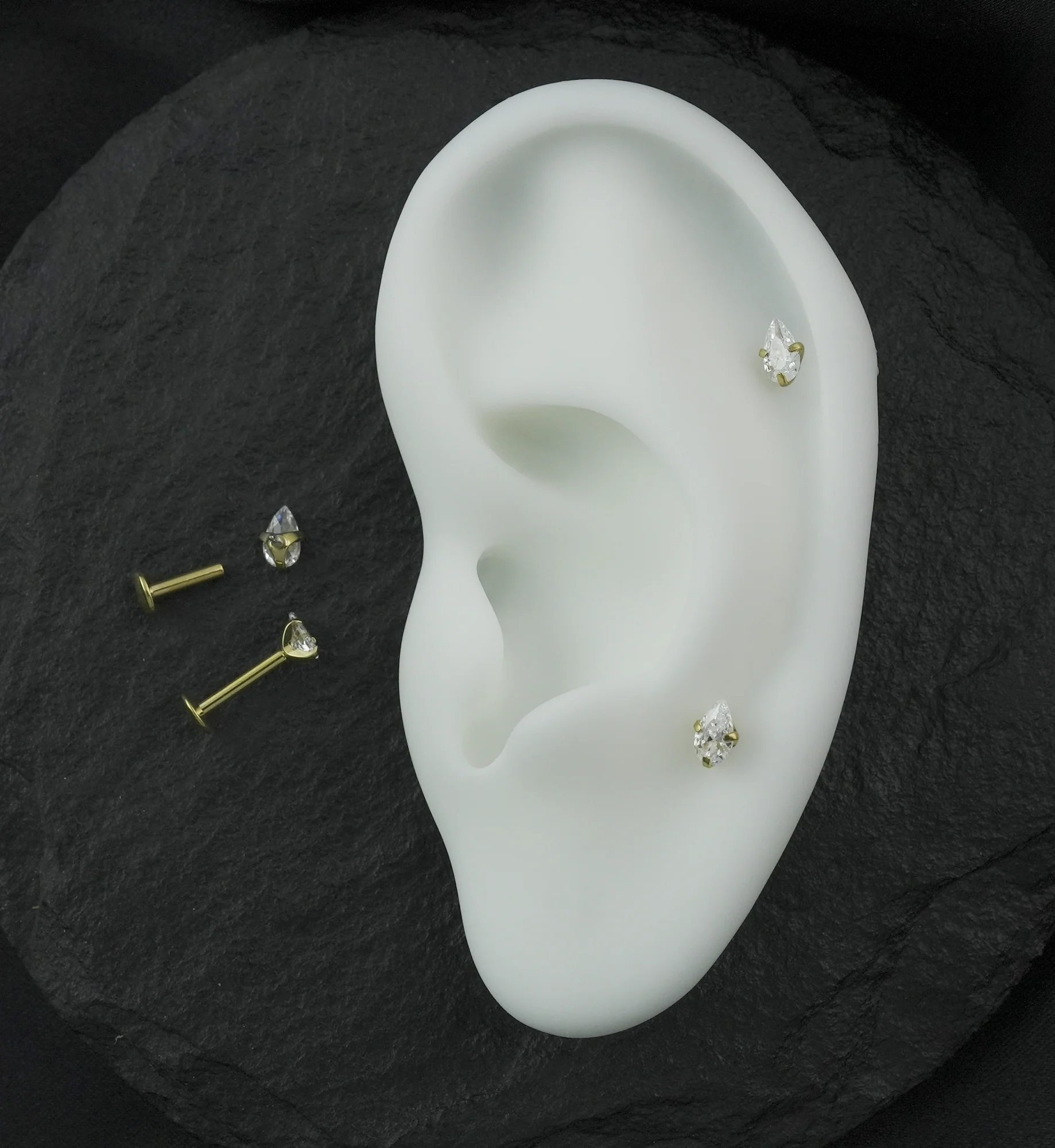 Gold PVD Prong Teardrop Clear CZ Internally Threaded Titanium Convex Back Labret - Image 2