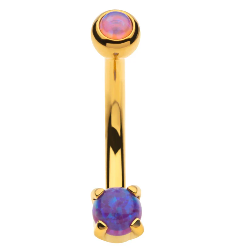 Gold PVD Purple Opalite Prong Set Stainless Steel Curved Barbell