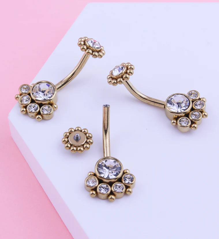 Gold PVD Quinary Clear CZ Beaded Top Internally Threaded Stainless Steel Belly Button Ring - Image 2