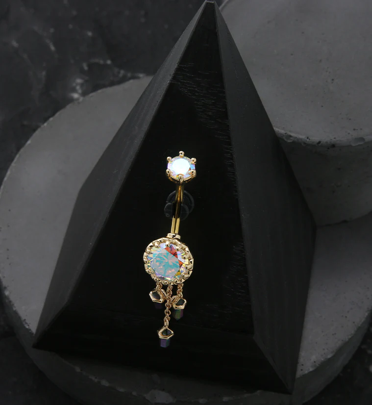 Gold PVD Rainbow Aurora Crystal Dangle Stainless Steel Belly Button Ring - Image 2