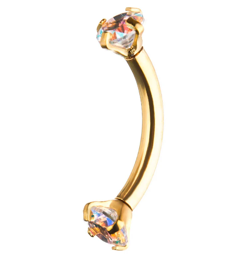 Gold PVD Rainbow Aurora CZ Prong Set Stainless Steel Curved Barbell