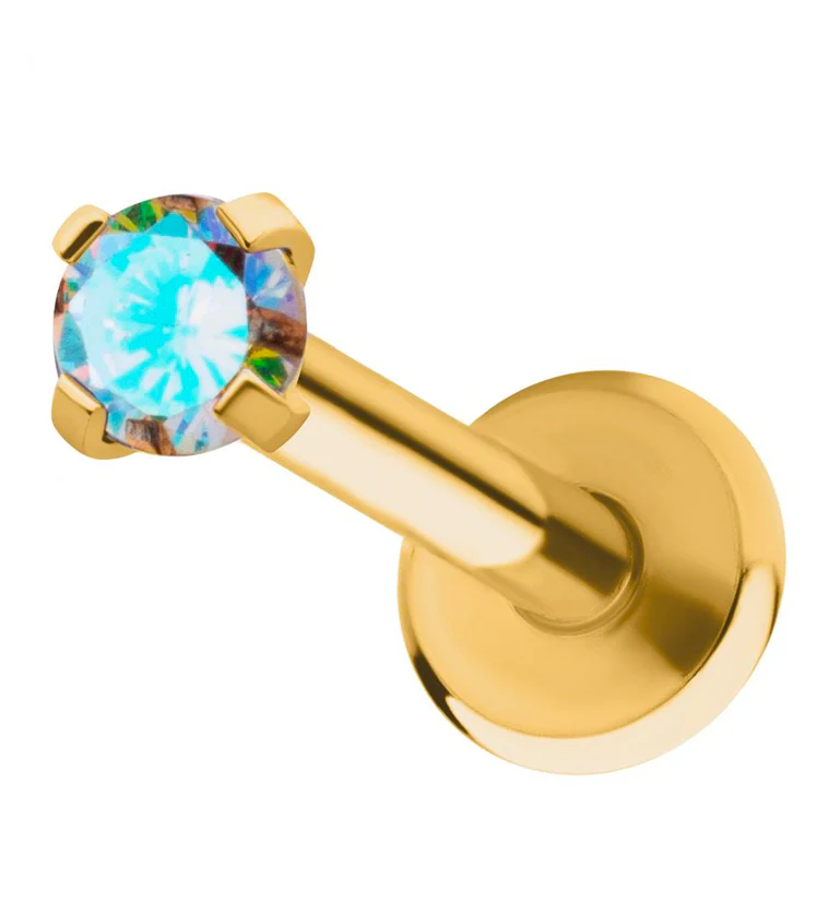 Gold PVD Rainbow Aurora Prong CZ Stainless Steel Internally Threaded Labret