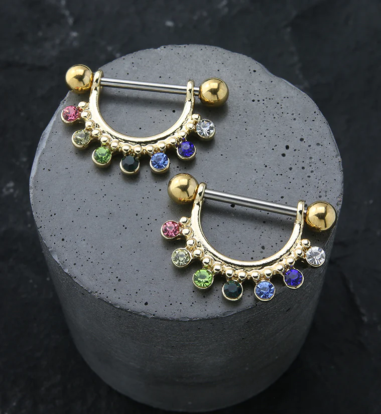 Gold PVD Rainbow CZ Beads Nipple Ring Barbell - Image 2