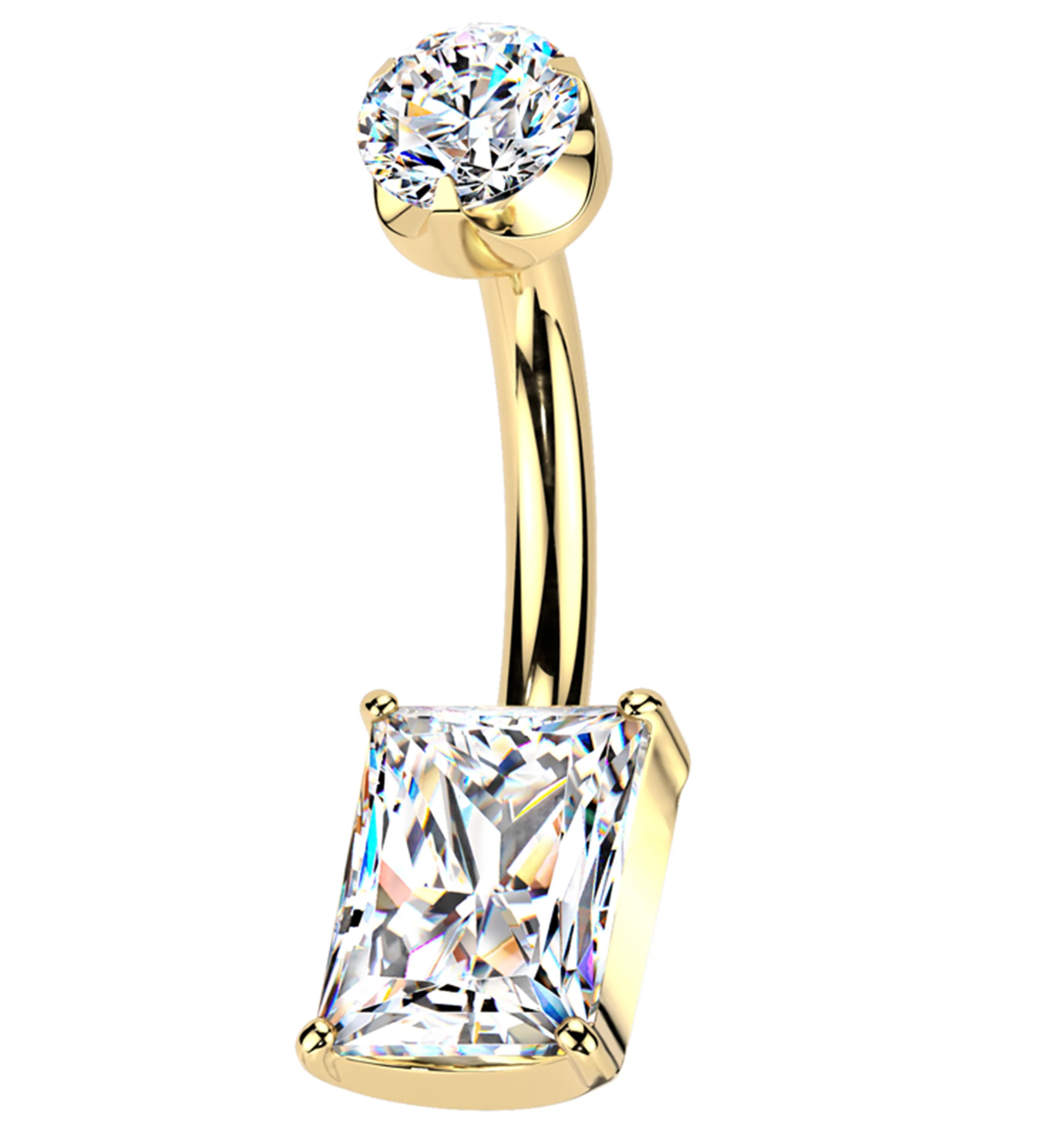 Gold PVD Rectangle Semi-Bezel Clear CZ Titanium Internally Threaded Belly Button Ring