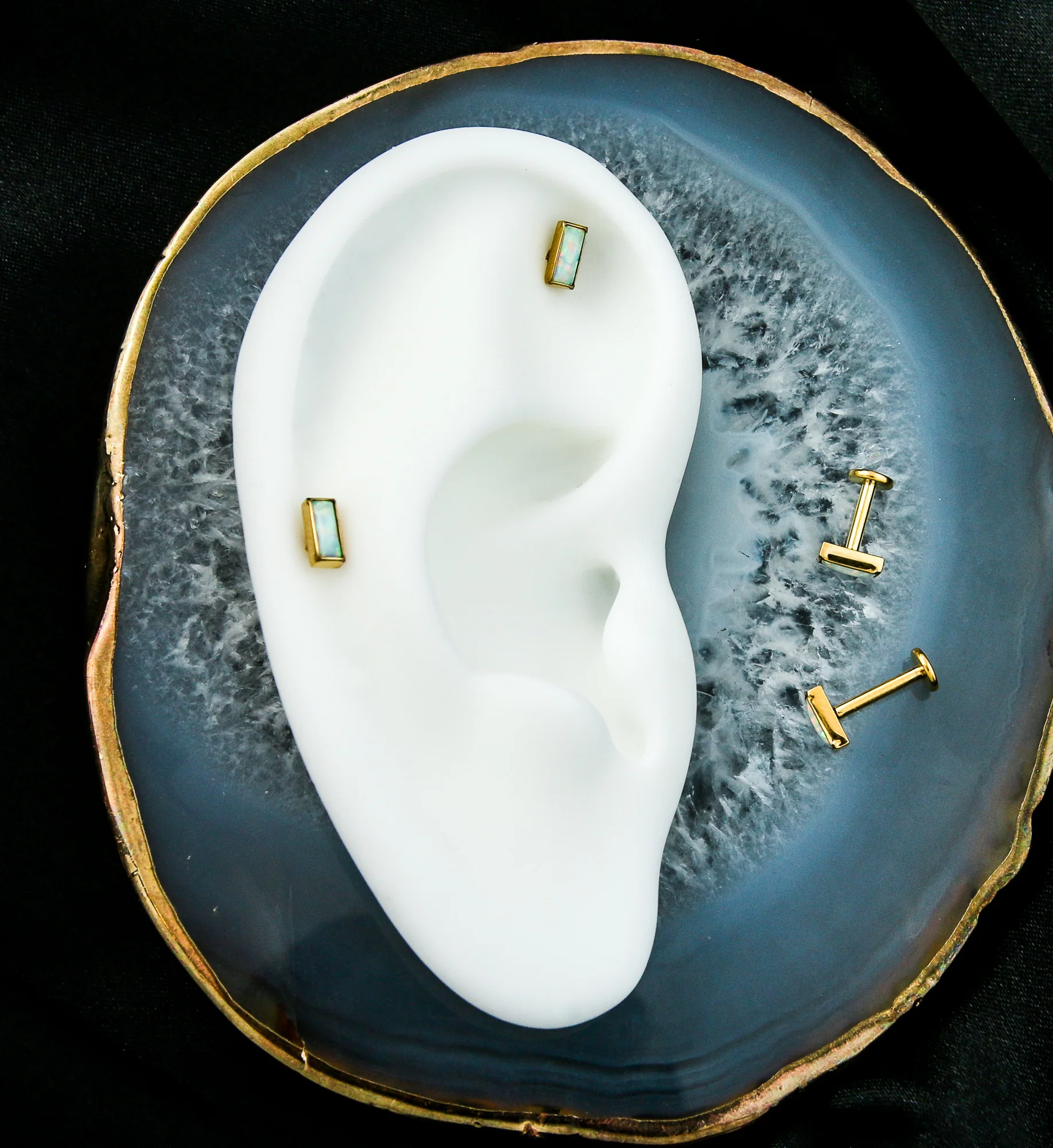Gold PVD Rectangle White Opalite Internally Threaded Titanium Labret - Image 2