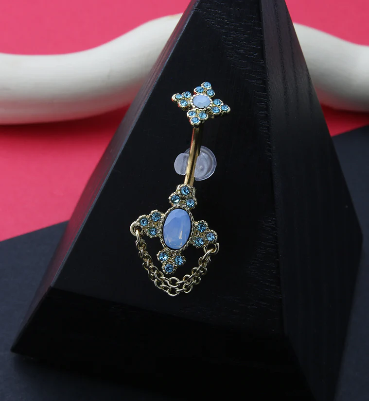Gold PVD Regal Opalite Dangle Chain Aqua CZ Belly Button Ring - Image 2