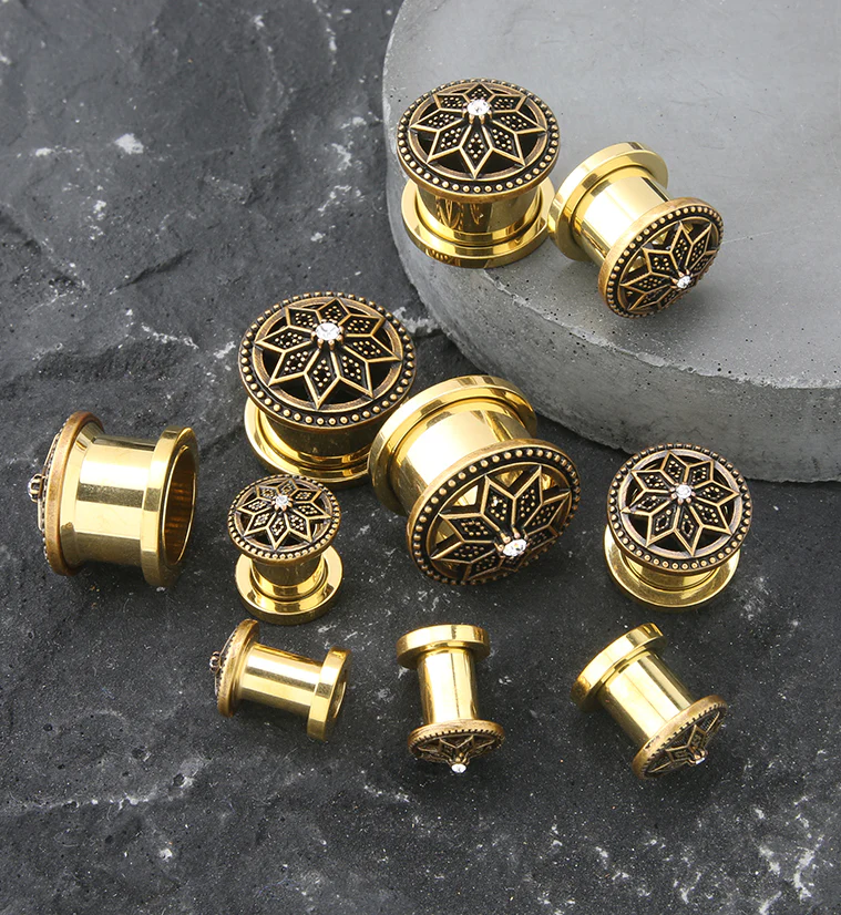 Gold PVD Relic Flower CZ Stainless Steel Tunnel Plugs - Image 2
