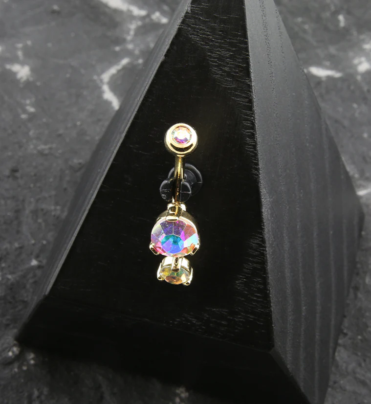 Gold PVD Round Rainbow Aurora CZ Dangle Stainless Steel Belly Button Ring - Image 2