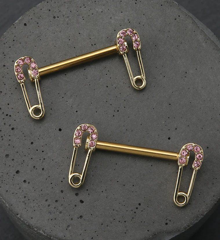 Gold PVD Safety Pin Pink CZ Stainless Steel Nipple Barbell - Image 2