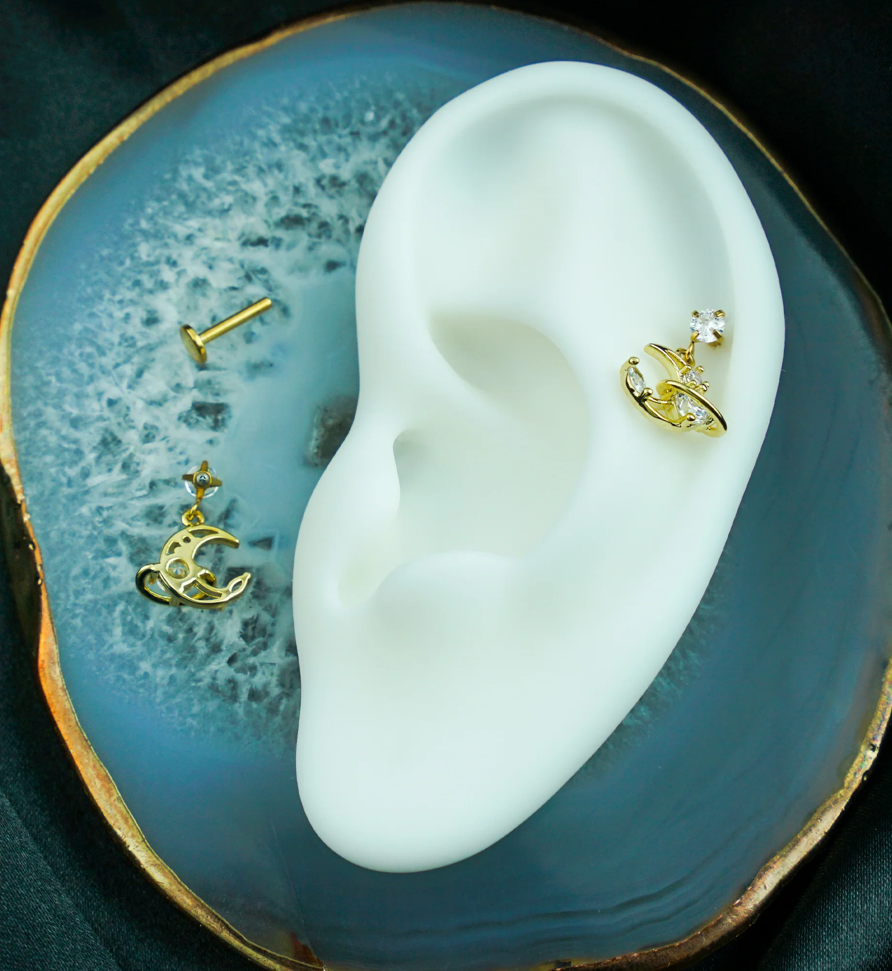 Gold PVD Saturn Crescent Moon Dangle Clear CZ Internally Threaded Stainless Steel Labret - Image 2