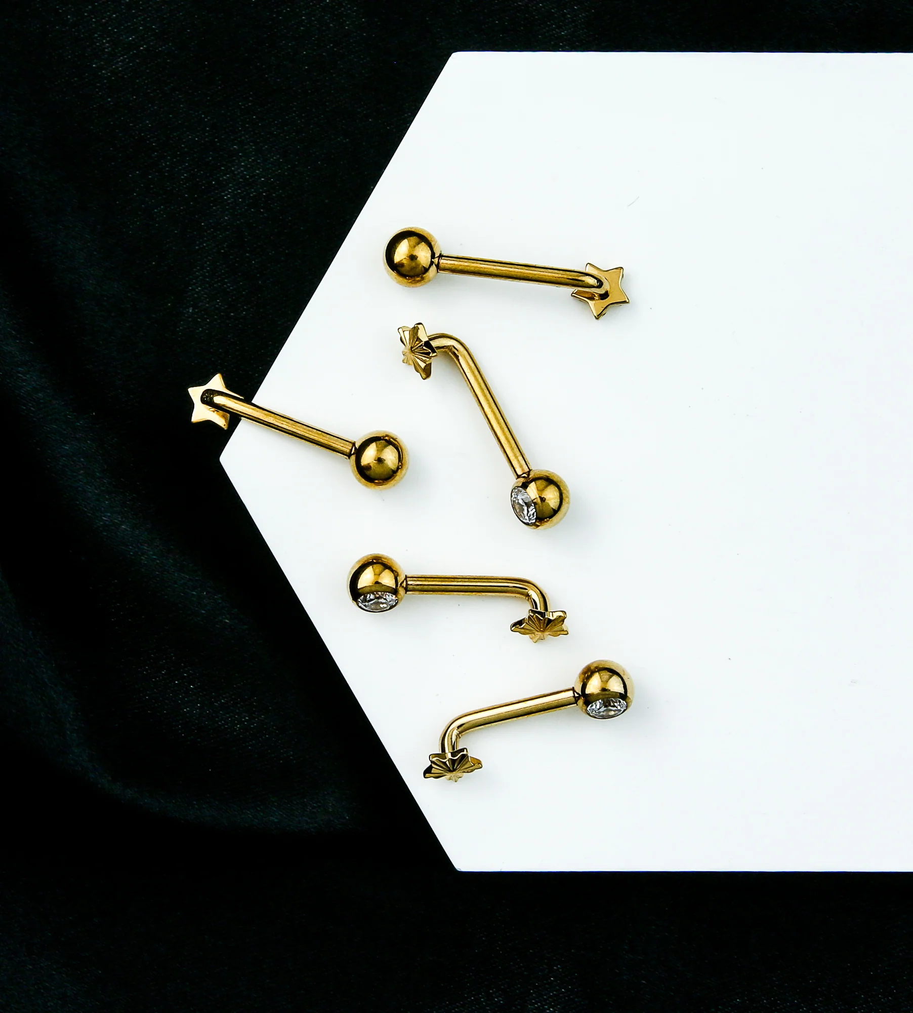 Gold PVD Score Star Clear CZ Vertical Clitoral Hood Internally Threaded Titanium Barbell - Image 2