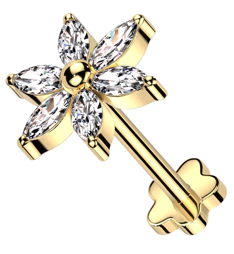 Gold PVD Senary Flower Clear CZ Flower Back Threadless Titanium Labret