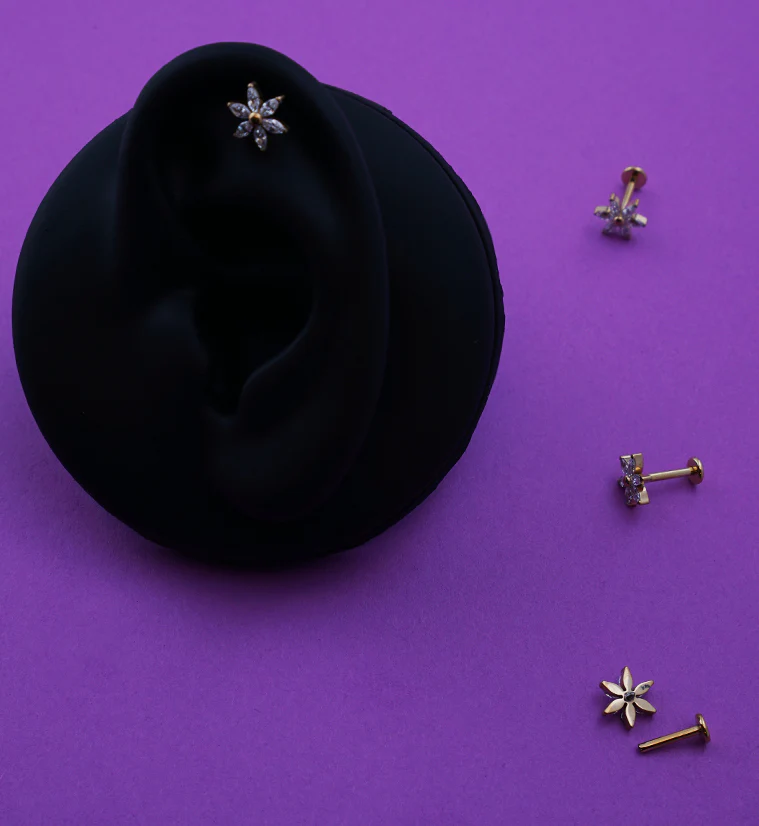 Gold PVD Senary Flower Clear CZ Internally Threaded Titanium Labret - Image 3