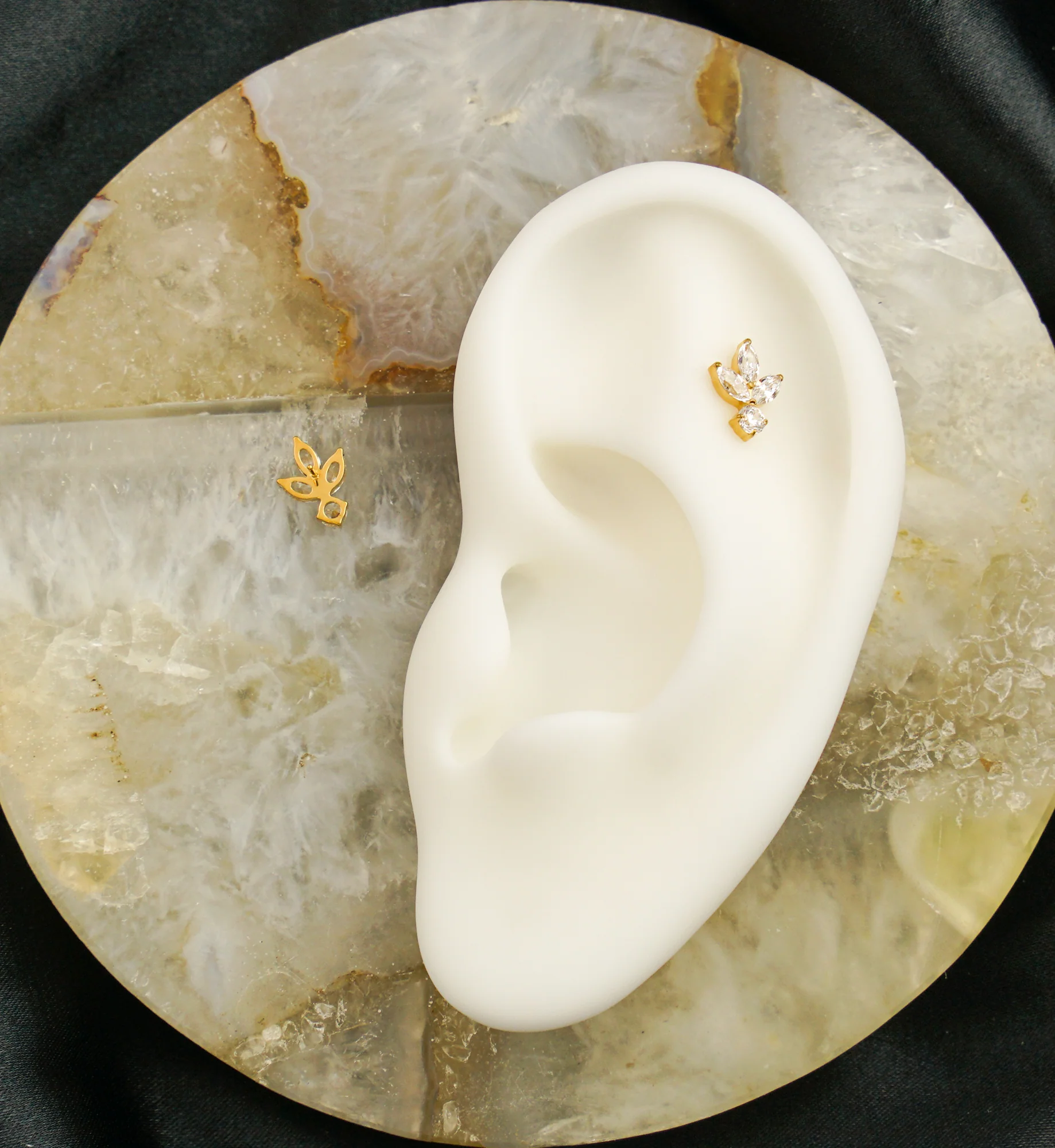 Gold PVD Sepal Leaf Clear CZ Threadless Titanium Top - Image 2