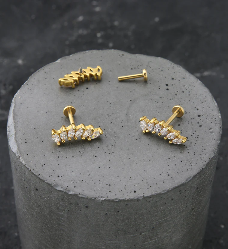 Gold PVD Sextet Clear CZ Stainless Steel Internally Threaded Labret - Image 2