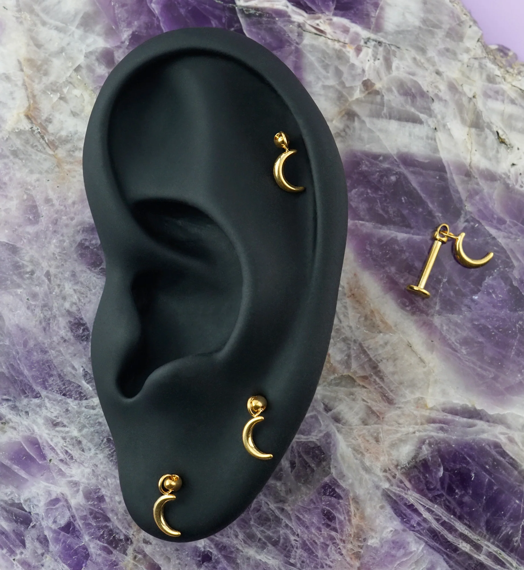 Gold PVD Sickle Moon Dangle Titanium Internally Threaded Labret - Image 2