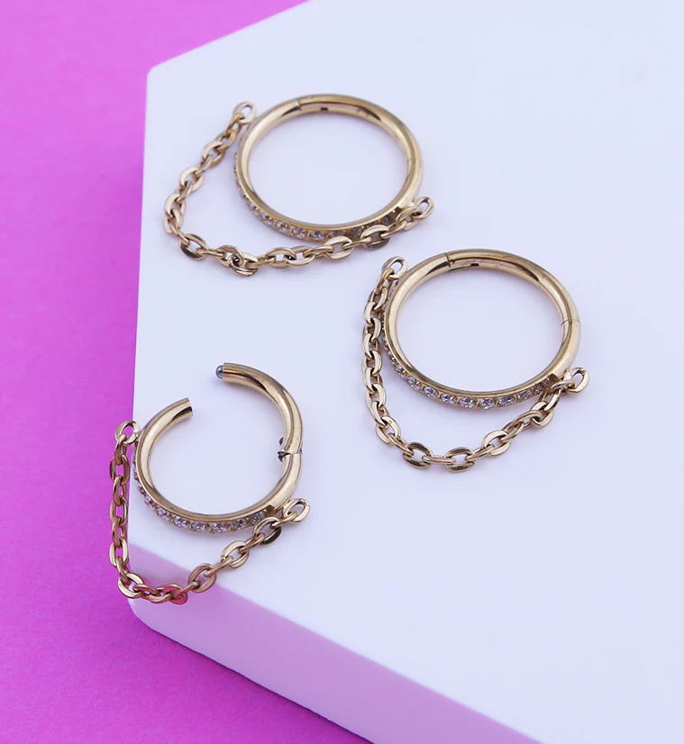 Gold PVD Side Facing Clear CZ Row Dangle Chain Hinged Segment Ring - Image 2