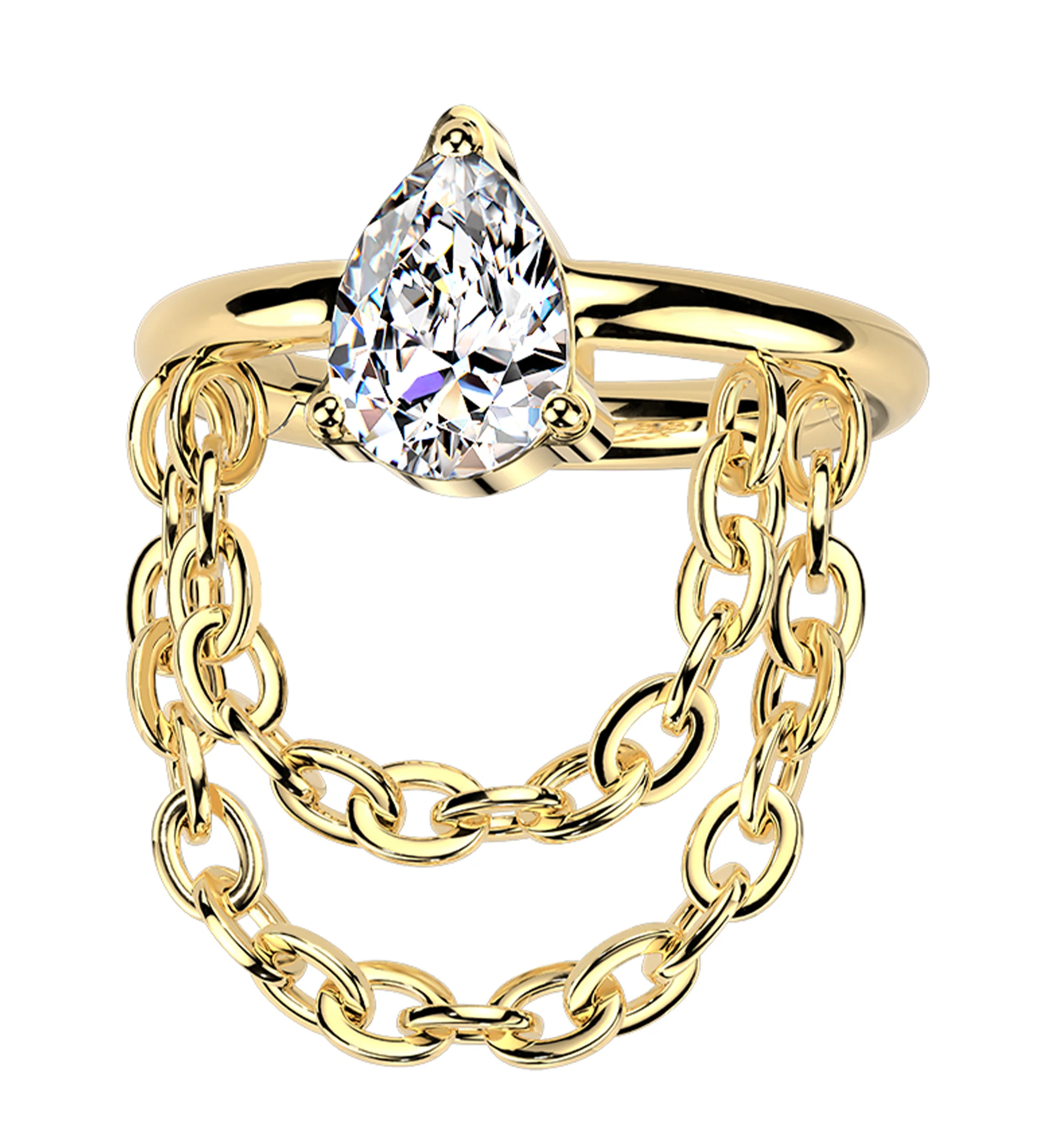 Gold PVD Side-Facing Teardrop Clear CZ Double Dangle Chain Hinged Segment Ring