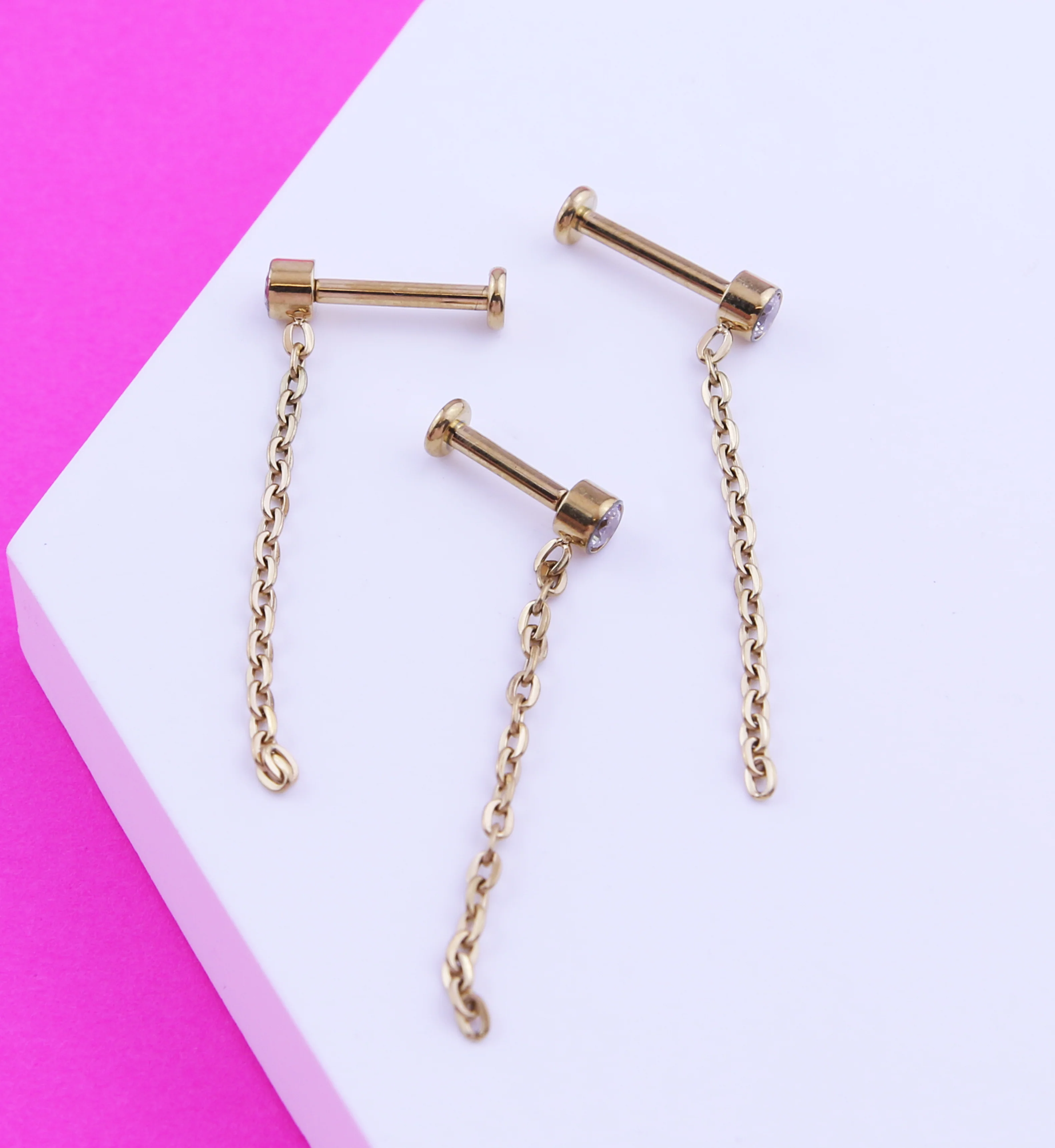 Gold PVD Single Dangle Chain Clear CZ Internally Threaded Titanium Labret - Image 2