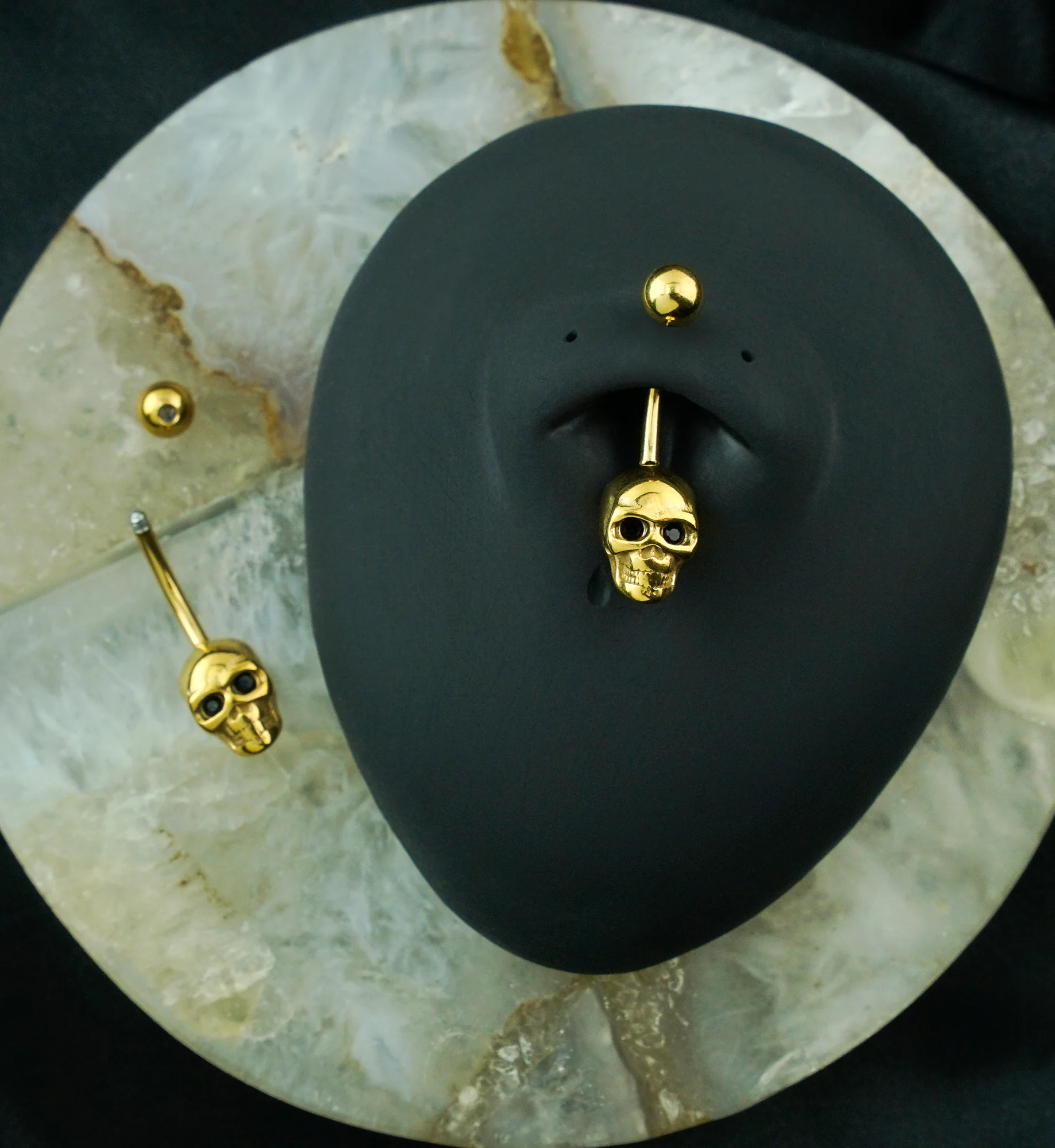 Gold PVD Skull Black CZ Stainless Steel Belly Button Ring - Image 2