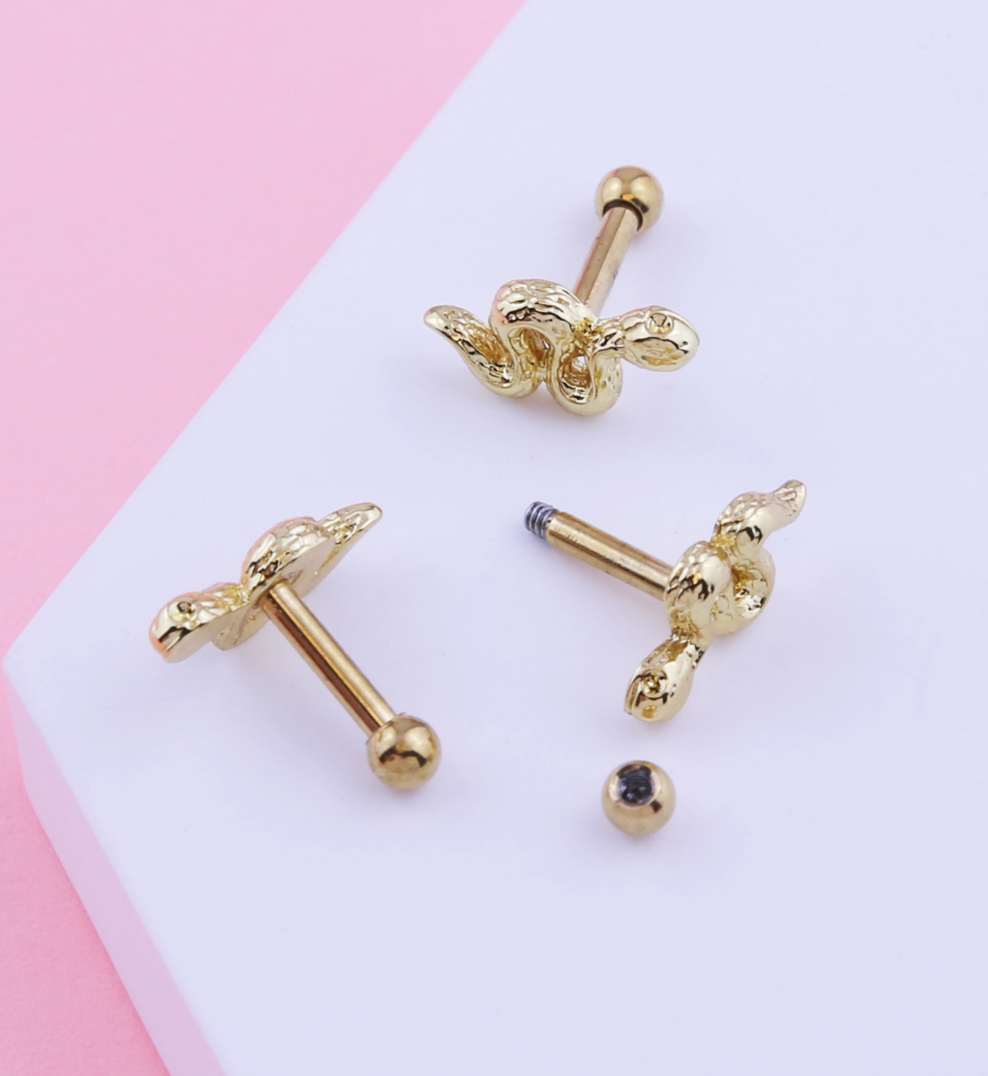 Gold PVD Snake Stainless Steel Cartilage Barbell - Image 2