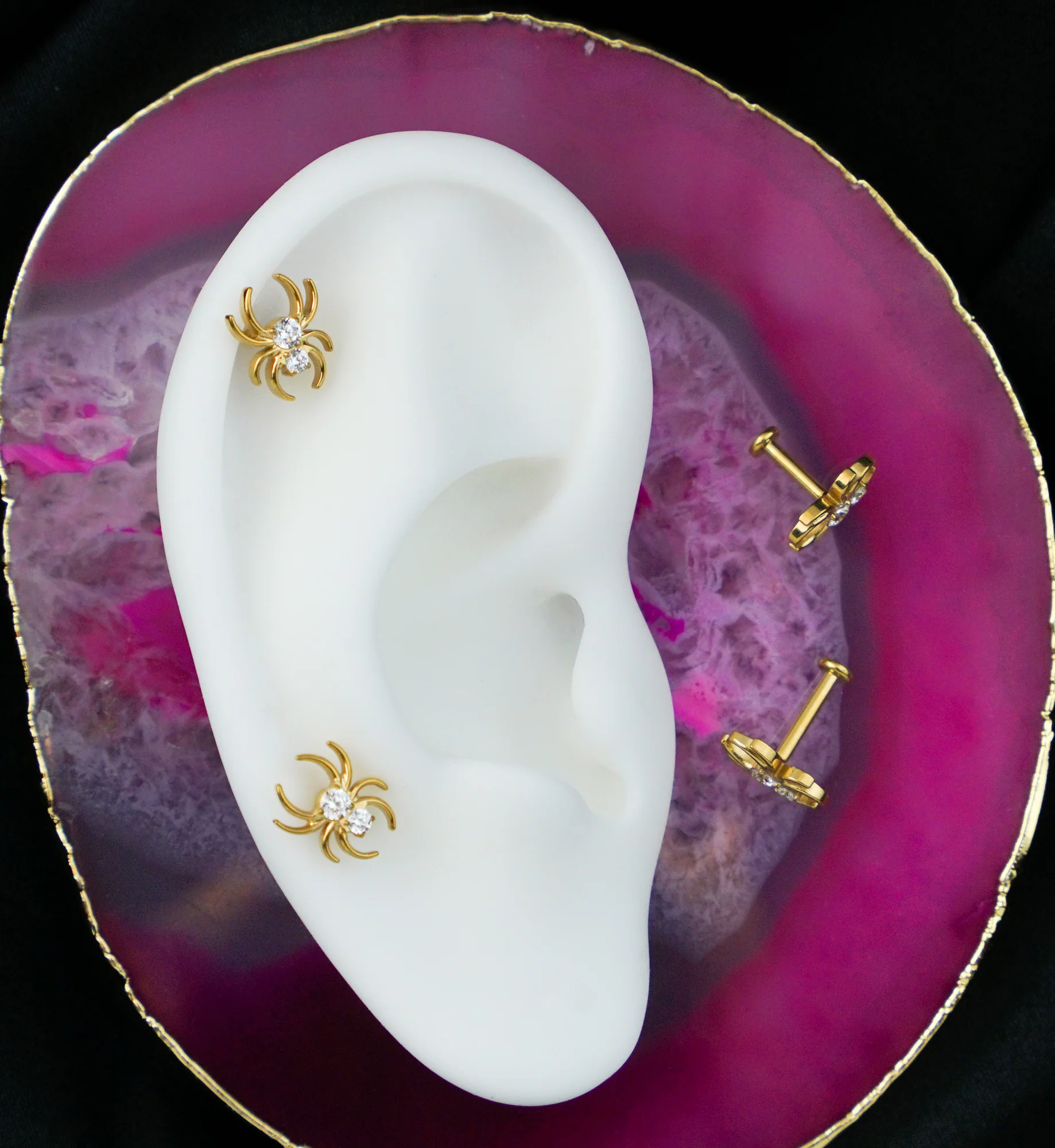 Gold PVD Spider Clear CZ Titanium Threadless Labret - Image 2